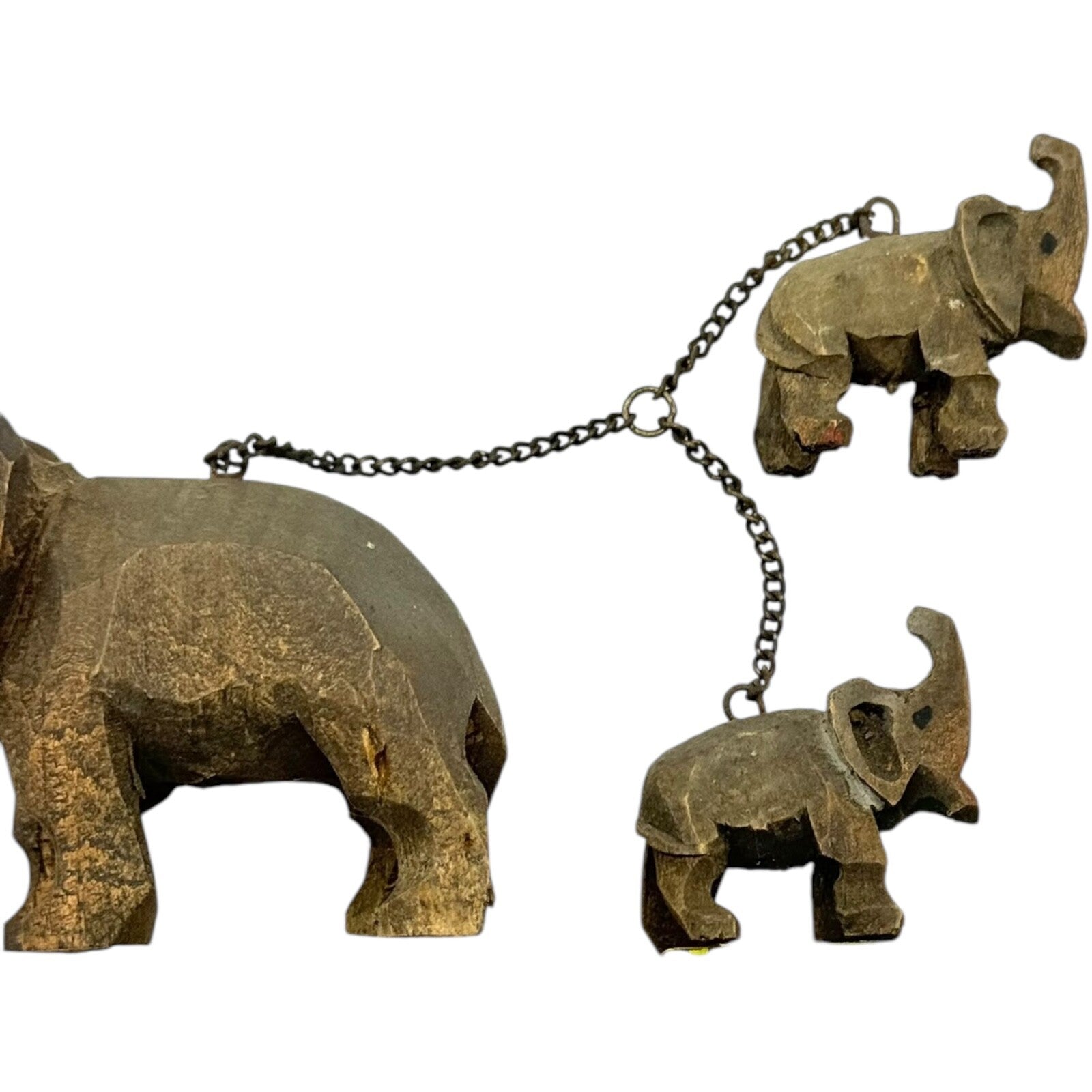 Vintage 1950s German Hand-Carved Wooden Elephant Toy Set with 2 Baby Elephants
