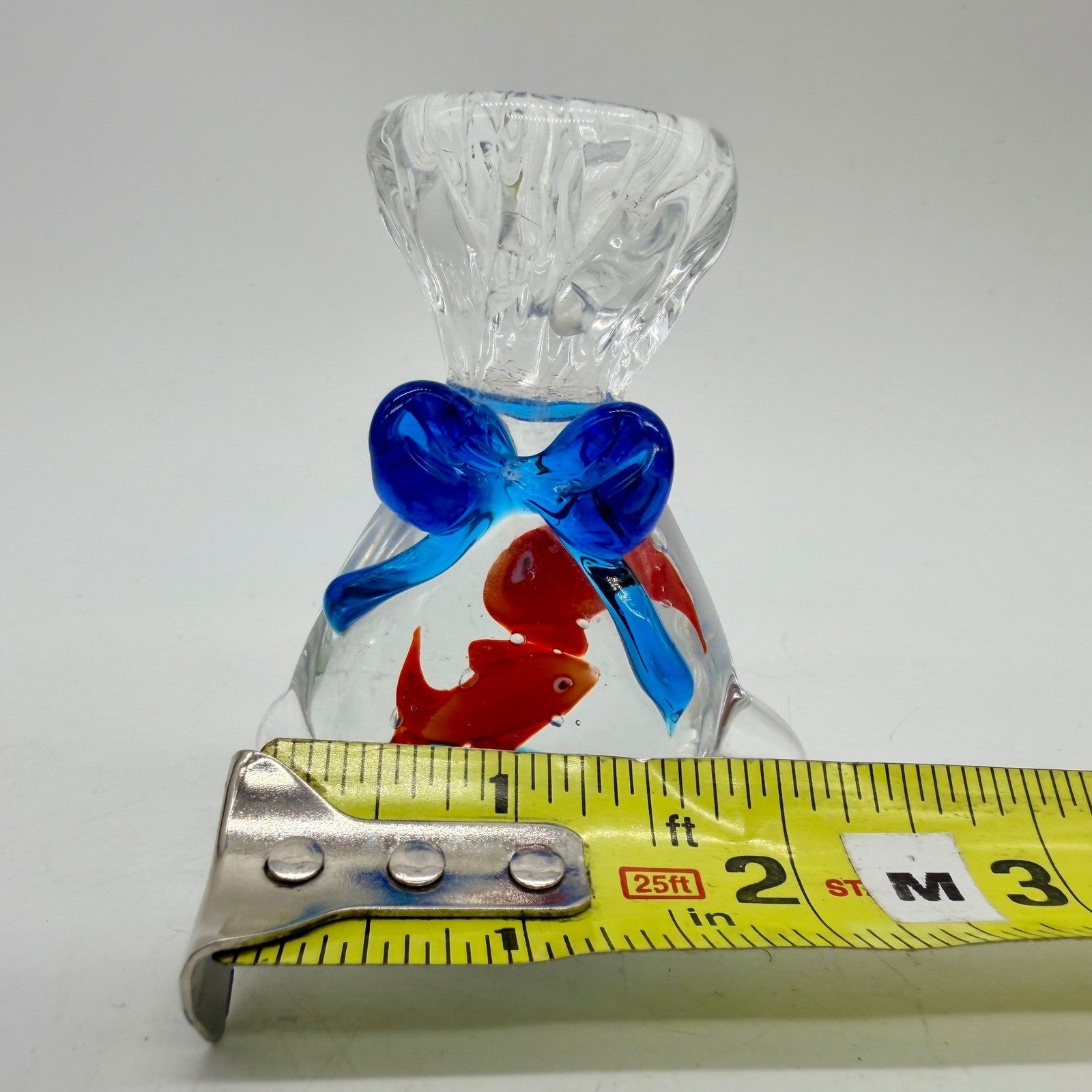 Art Glass Goldfish in a Bag Paperweight Blue Bow Murano Style Figurine