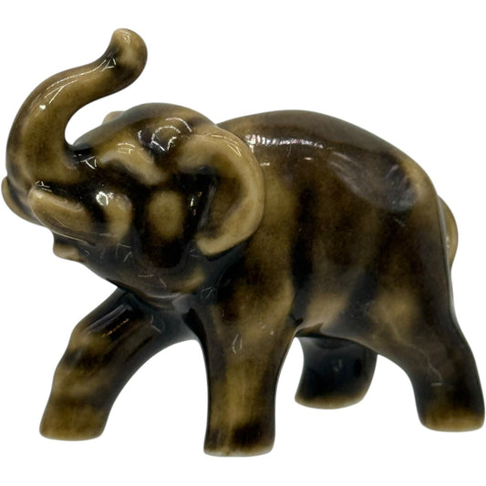 Elephant Figurine Ceramic Animal Statue Decor Shelf Sitter Brown Glazed Small