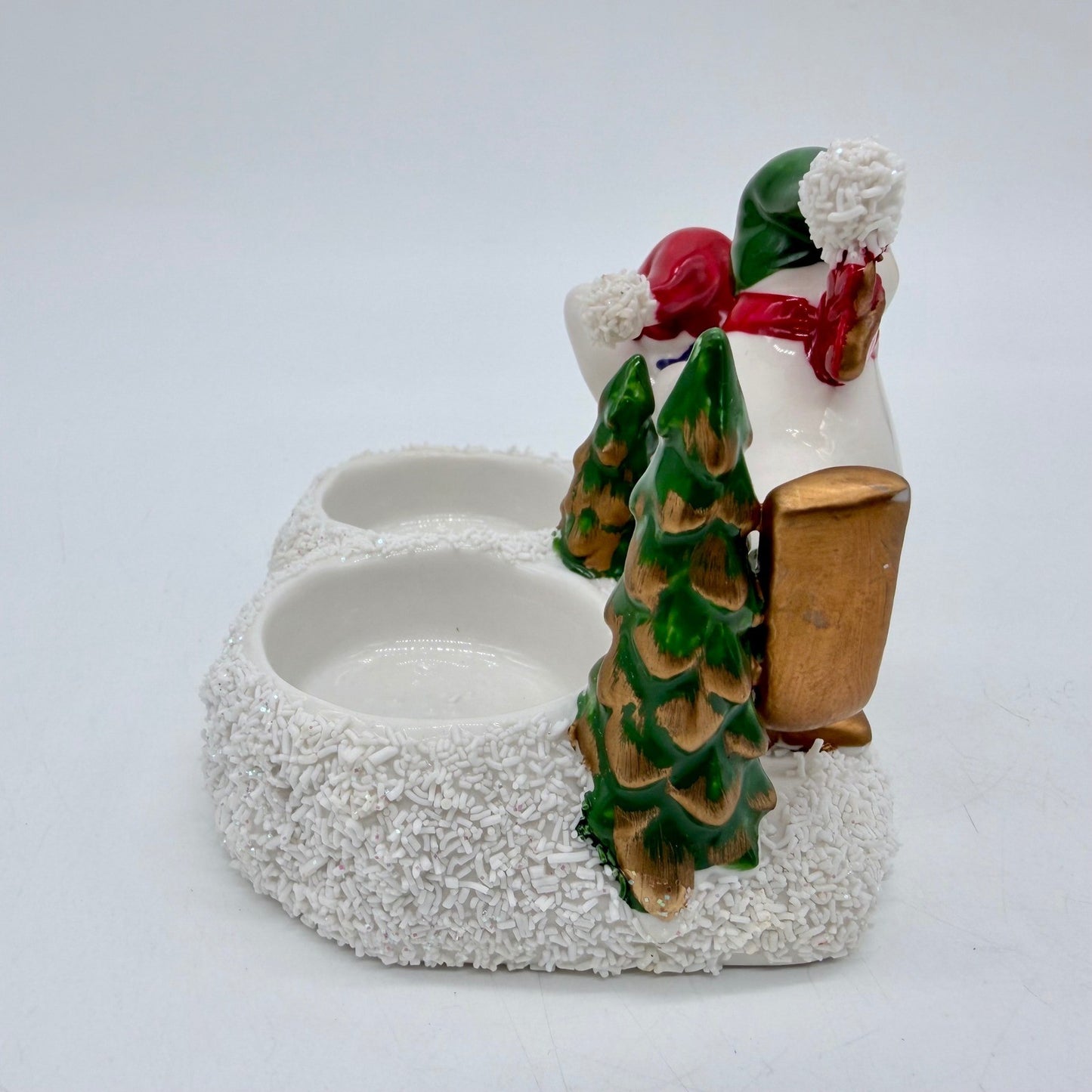 Vintage Ceramic Snowman Skiing Sledding Double Votive Candle Holder