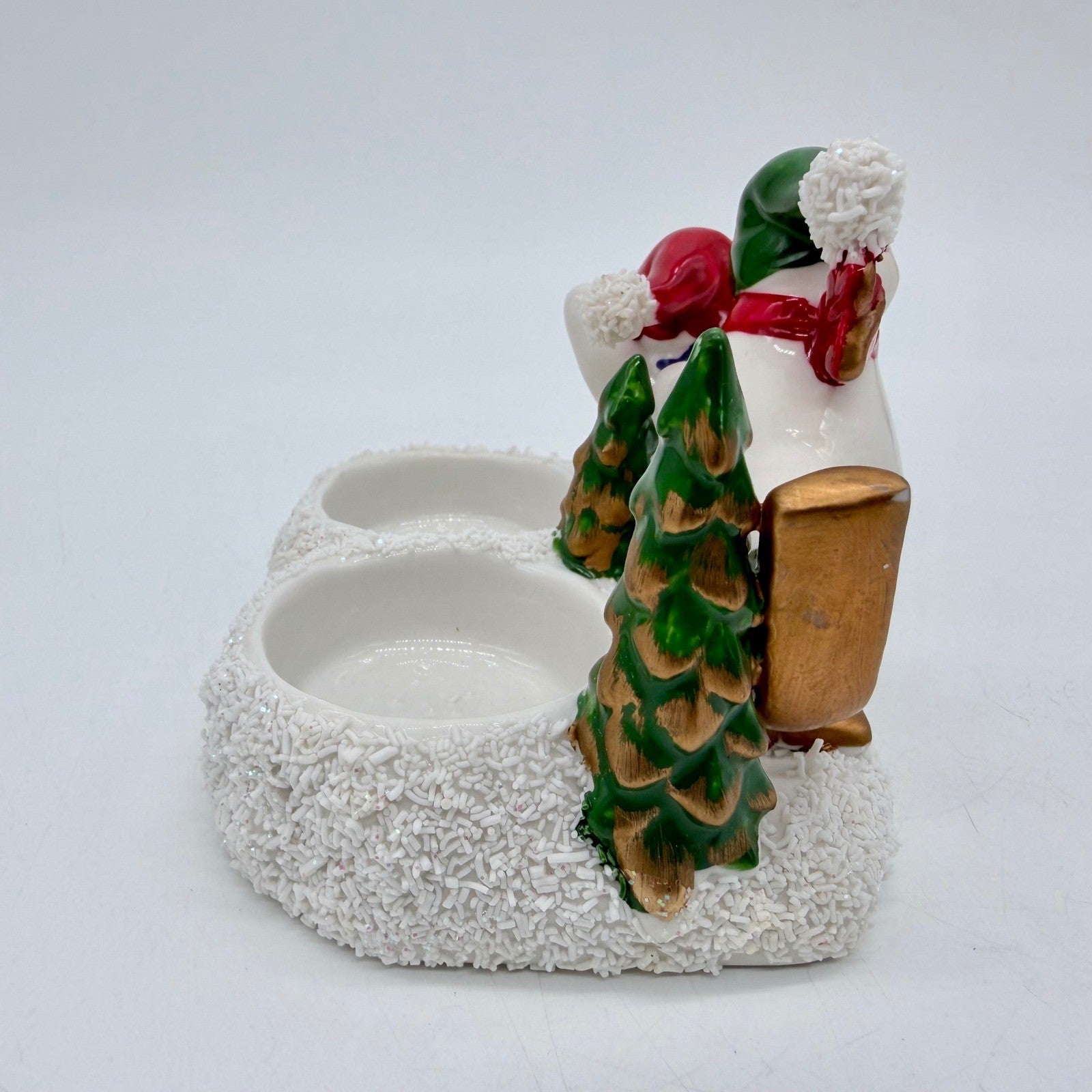 Vintage Ceramic Snowman Skiing Sledding Double Votive Candle Holder
