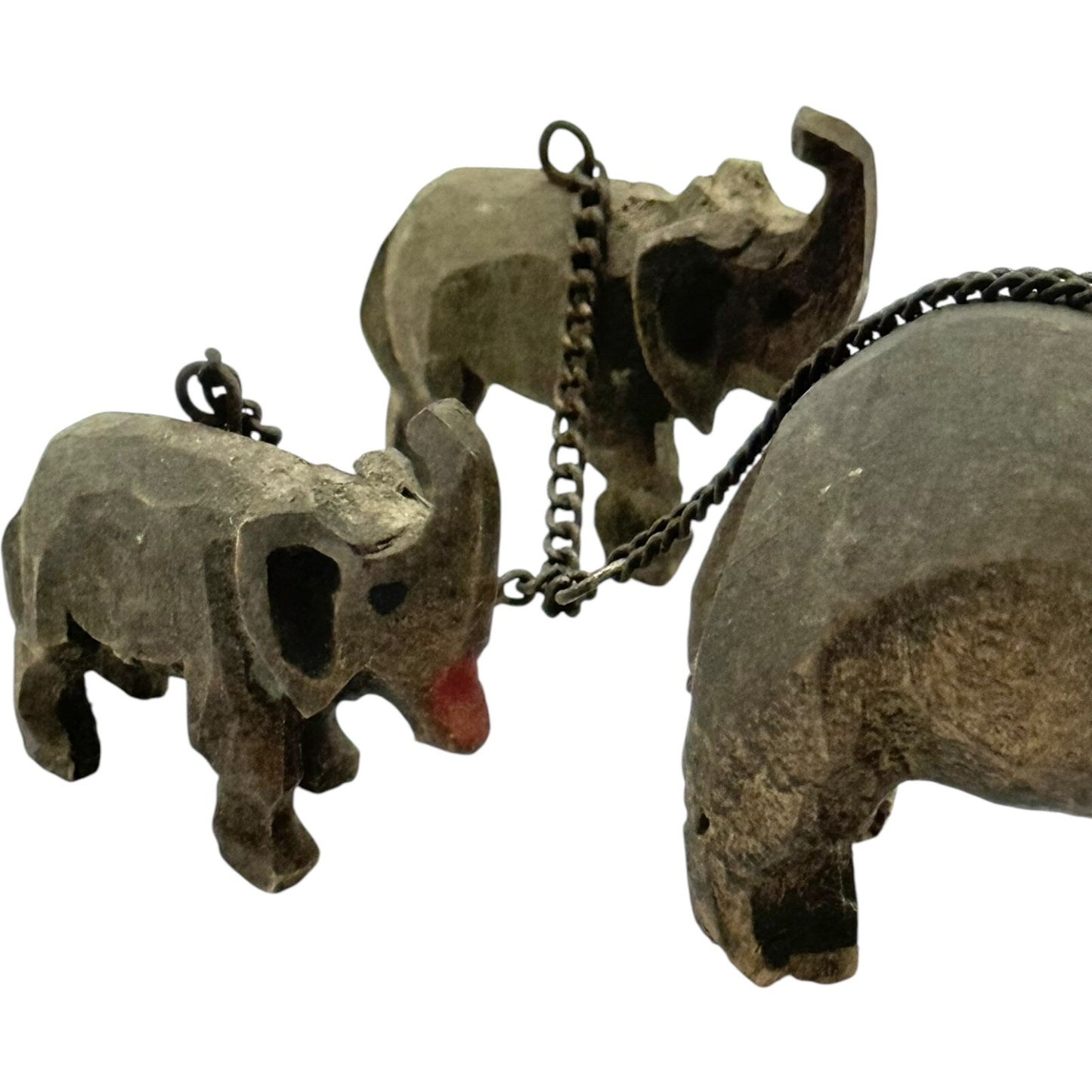 Vintage 1950s German Hand-Carved Wooden Elephant Toy Set with 2 Baby Elephants