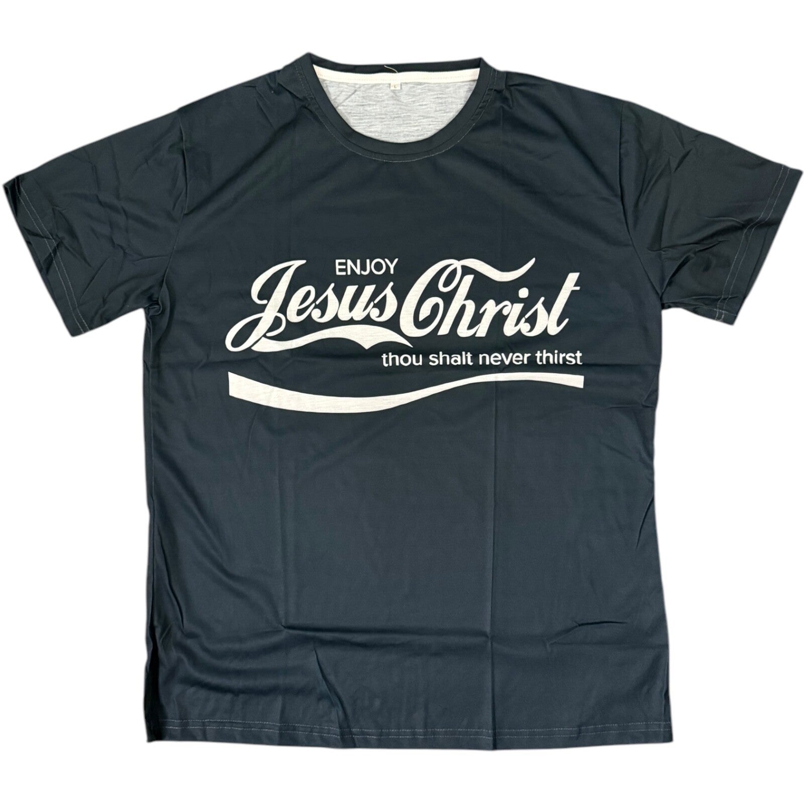 Enjoy Jesus Christ Graphic T-Shirt Adult Large Thou Shalt Never Thirst Navy Blue