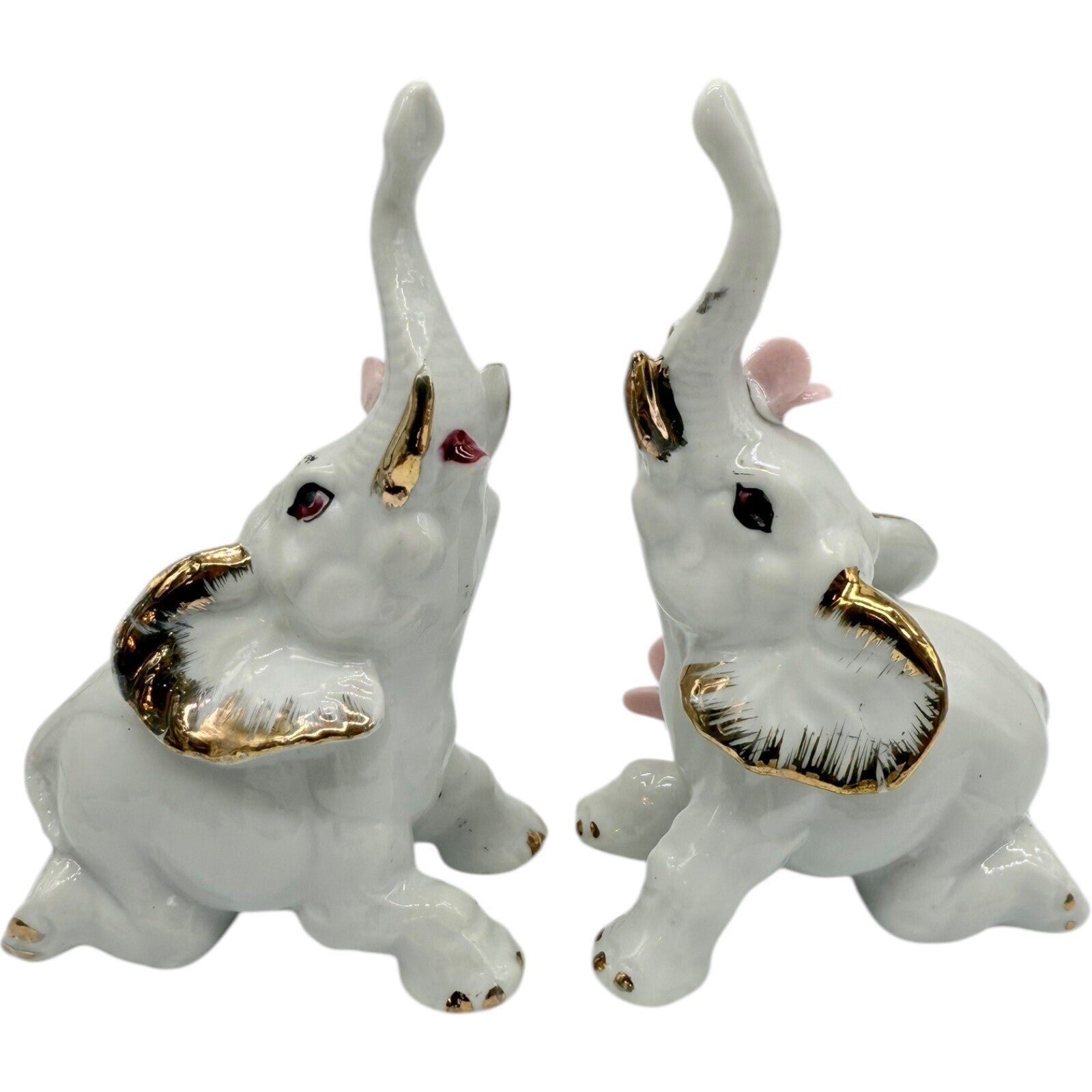 Elephant Figurines White Porcelain Gold Trim Pink Flowers Home Decor Set