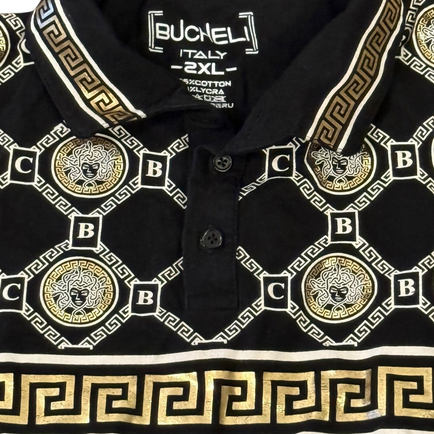 Polo Shirt Mens 2XL - Italian Black/Gold/White Bucheli Stripe Logo Slim Fit