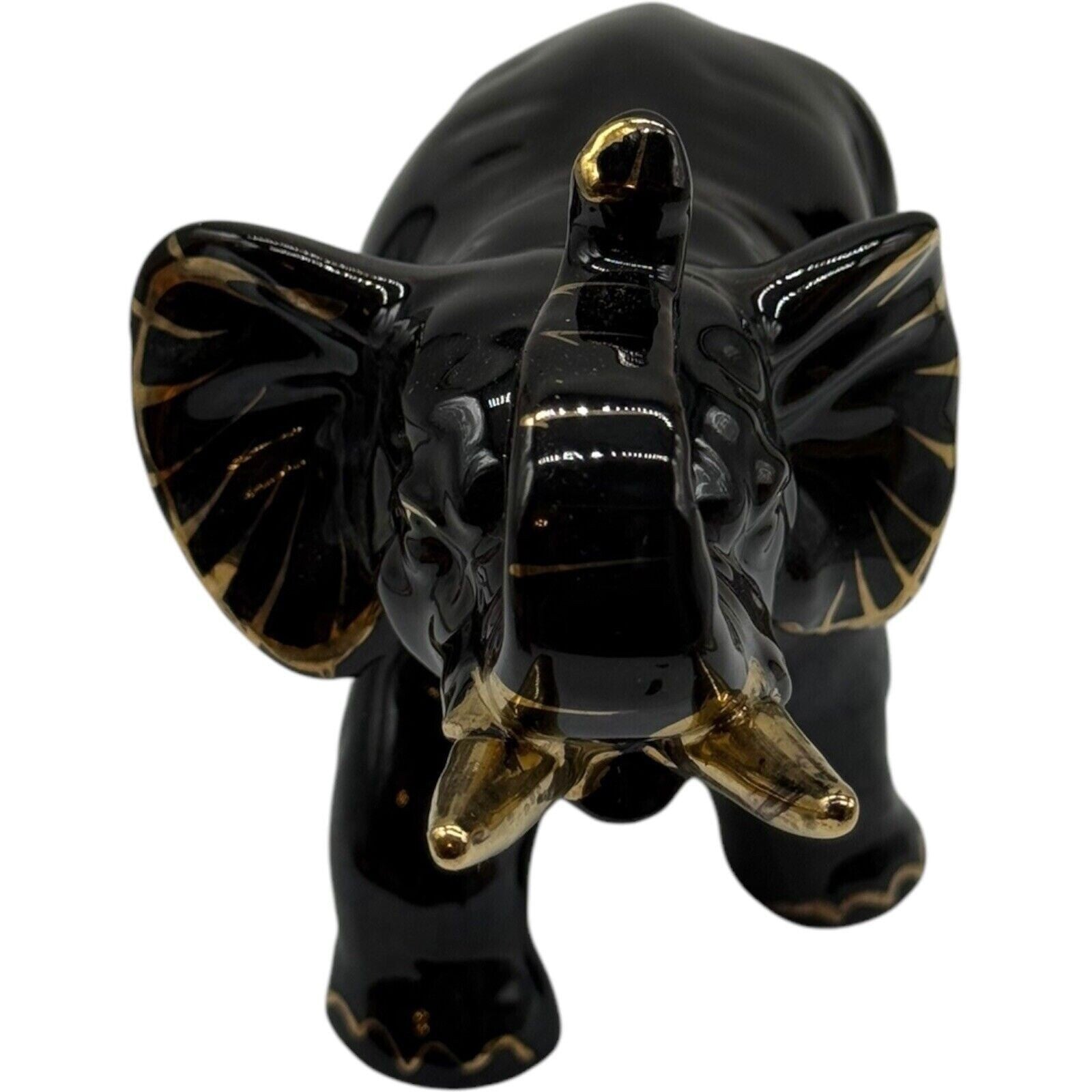 Black Elephant Figurine Gold Accents Ceramic Animal Statue Home Decor