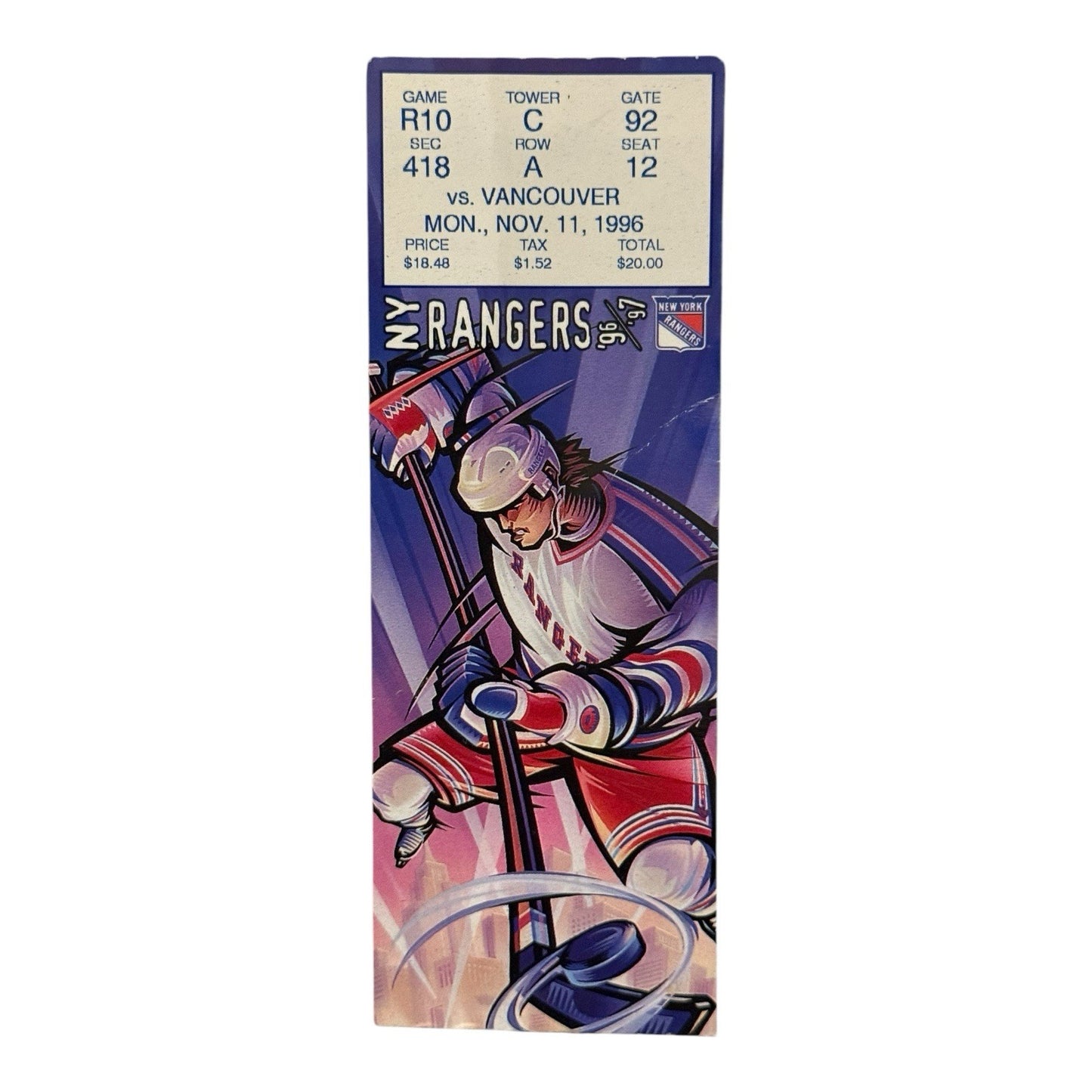 1996 New York Rangers vs Vancouver Ticket Stub (Nov 11) - Gretzky Highlight!
