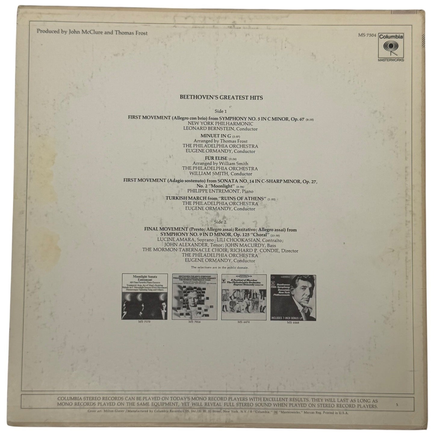Beethovens Greatest Hits Vinyl Record Columbia Masterworks 7504 Classical Music
