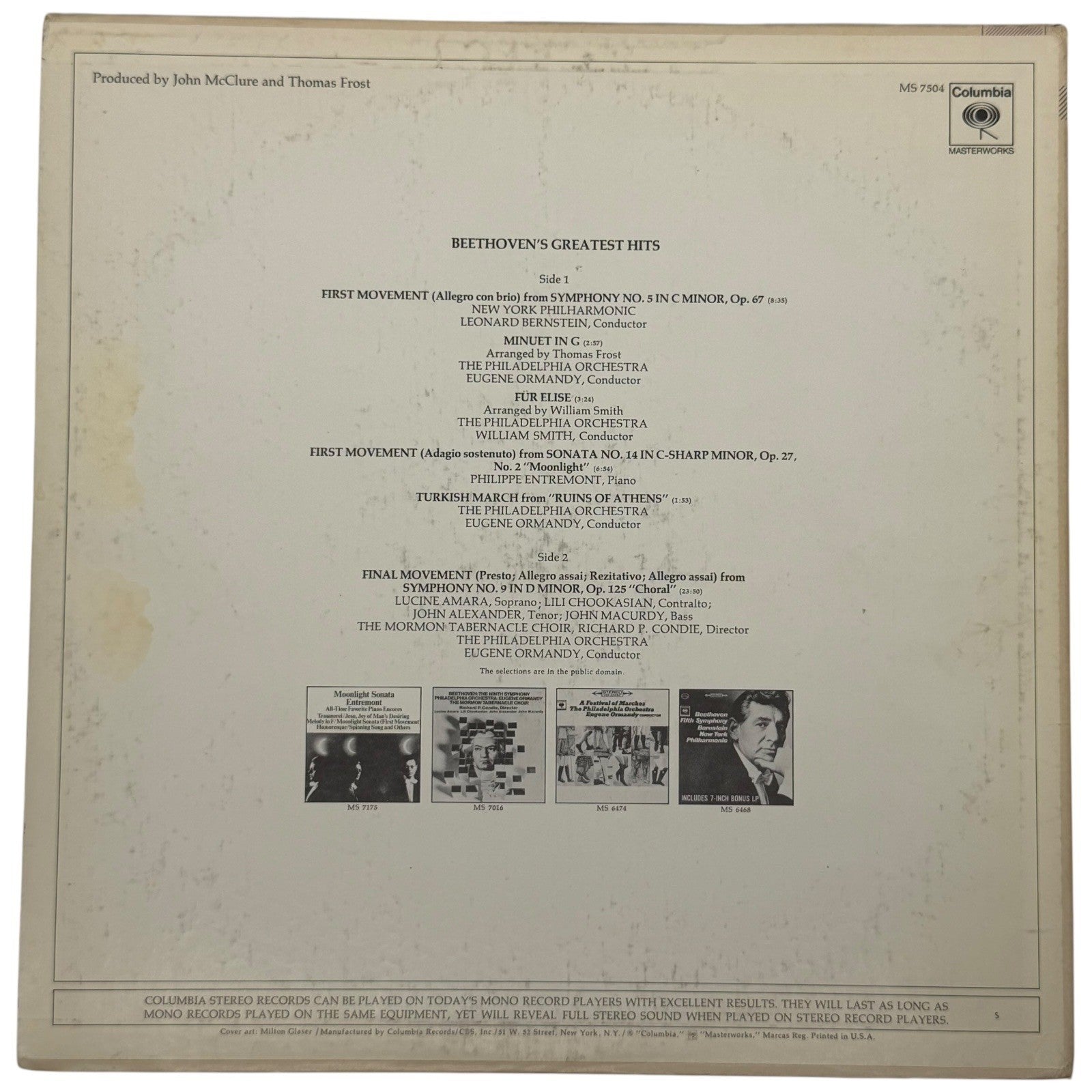 Beethovens Greatest Hits Vinyl Record Columbia Masterworks 7504 Classical Music