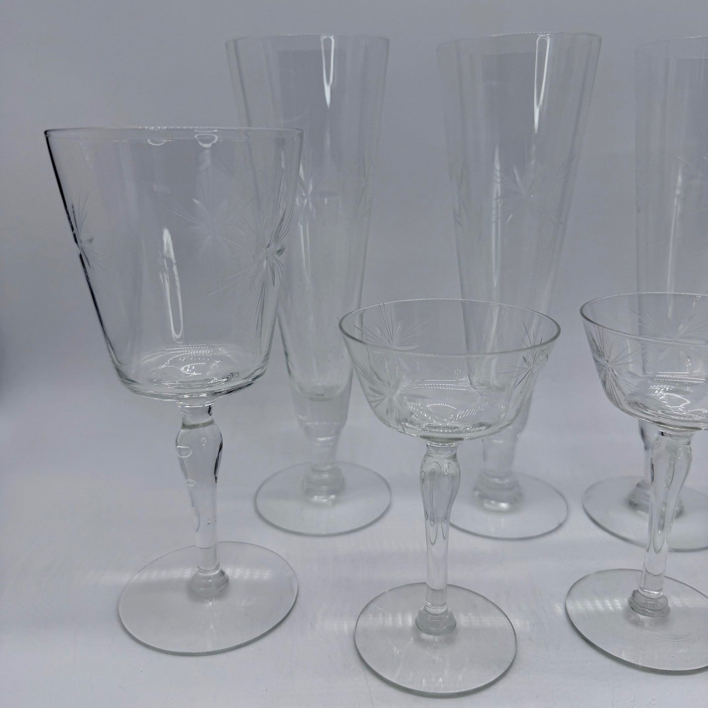 Vintage Etched Starburst Glass Stemware Set 7pc Flutes Wine Goblets Coupes MCM
