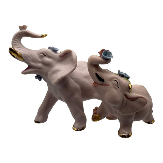 Elephant Family Walker Hagen Renaker Figurine Pink Porcelain Gold Accents