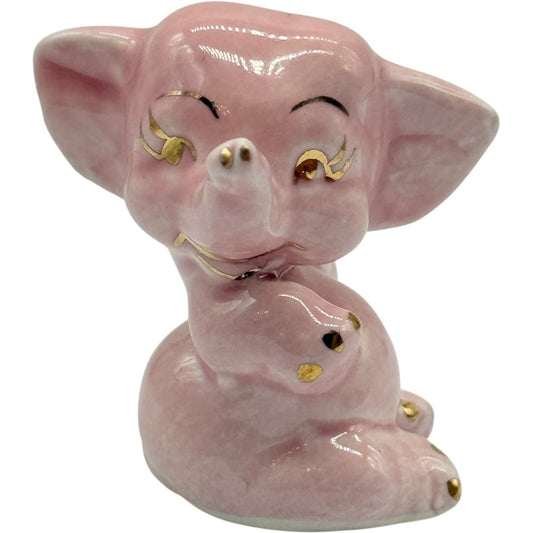 Vintage Pink Elephant Figurine Gold Accents Ceramic Nursery Decor Cute