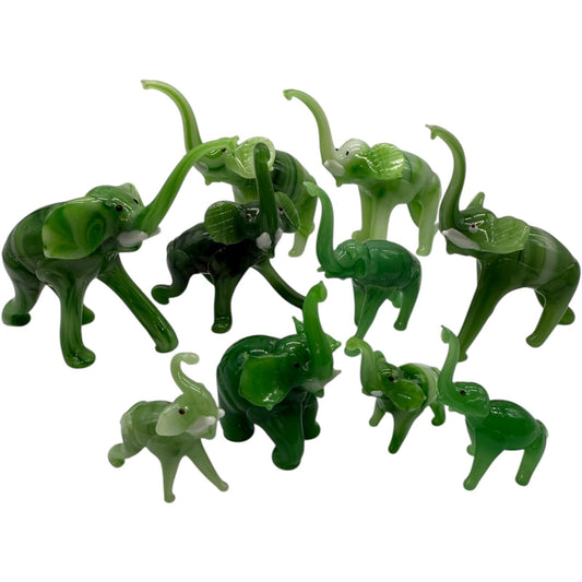 Hand Blown Glass Elephant Set - Swirled Green Family of 10 Vintage Collectibles