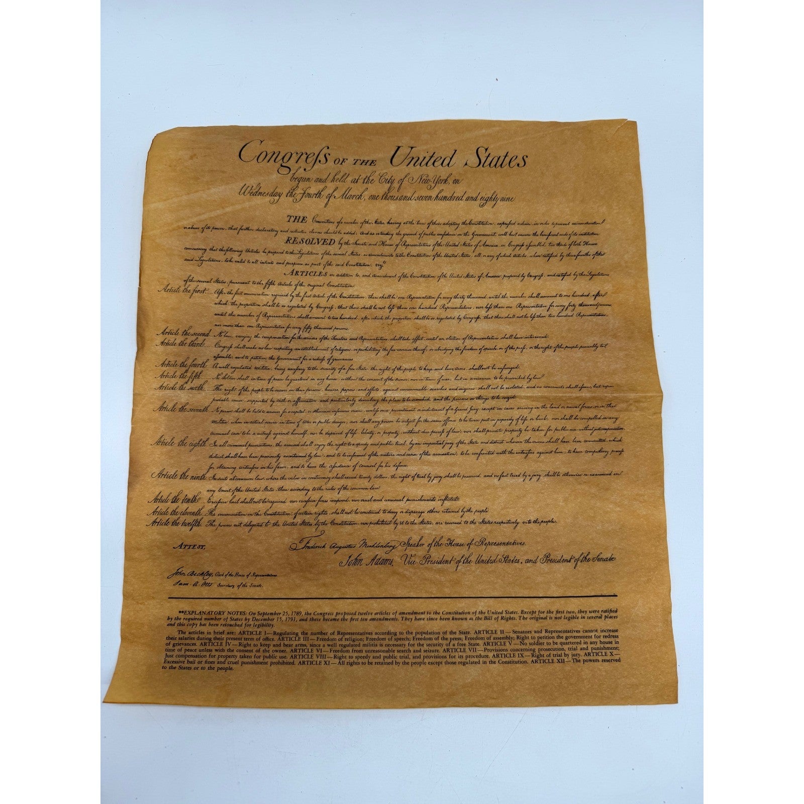 Bill of Rights Virginia Resolution & Declaration of Rights Parchment Replicas