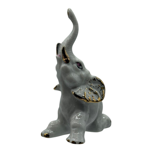 Elephant Figurine Gray Gold Accent Up Trunk Good Luck Decor Vintage Statue
