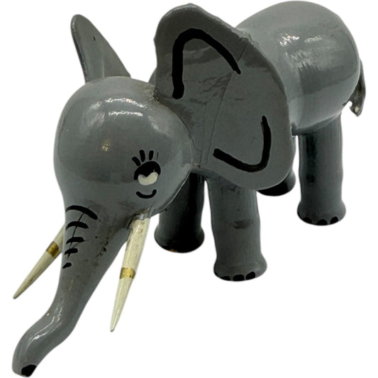 1950s Hand Painted Wooden Elephant Figurine Whimsical Decor Cute Animal Statue