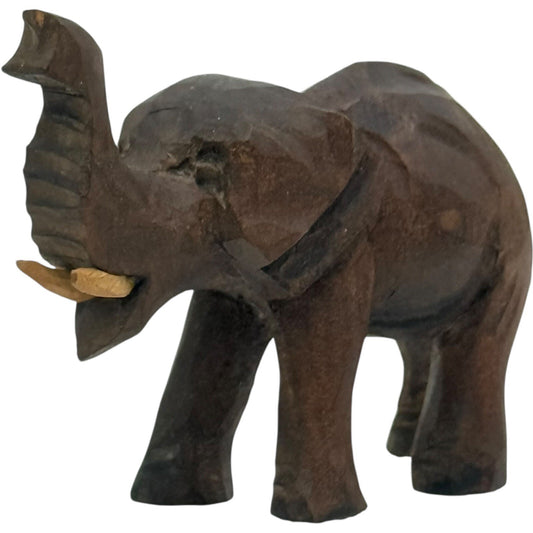 Hand Carved Wood Elephant Figurine Trunk Up Good Luck Decor Statue