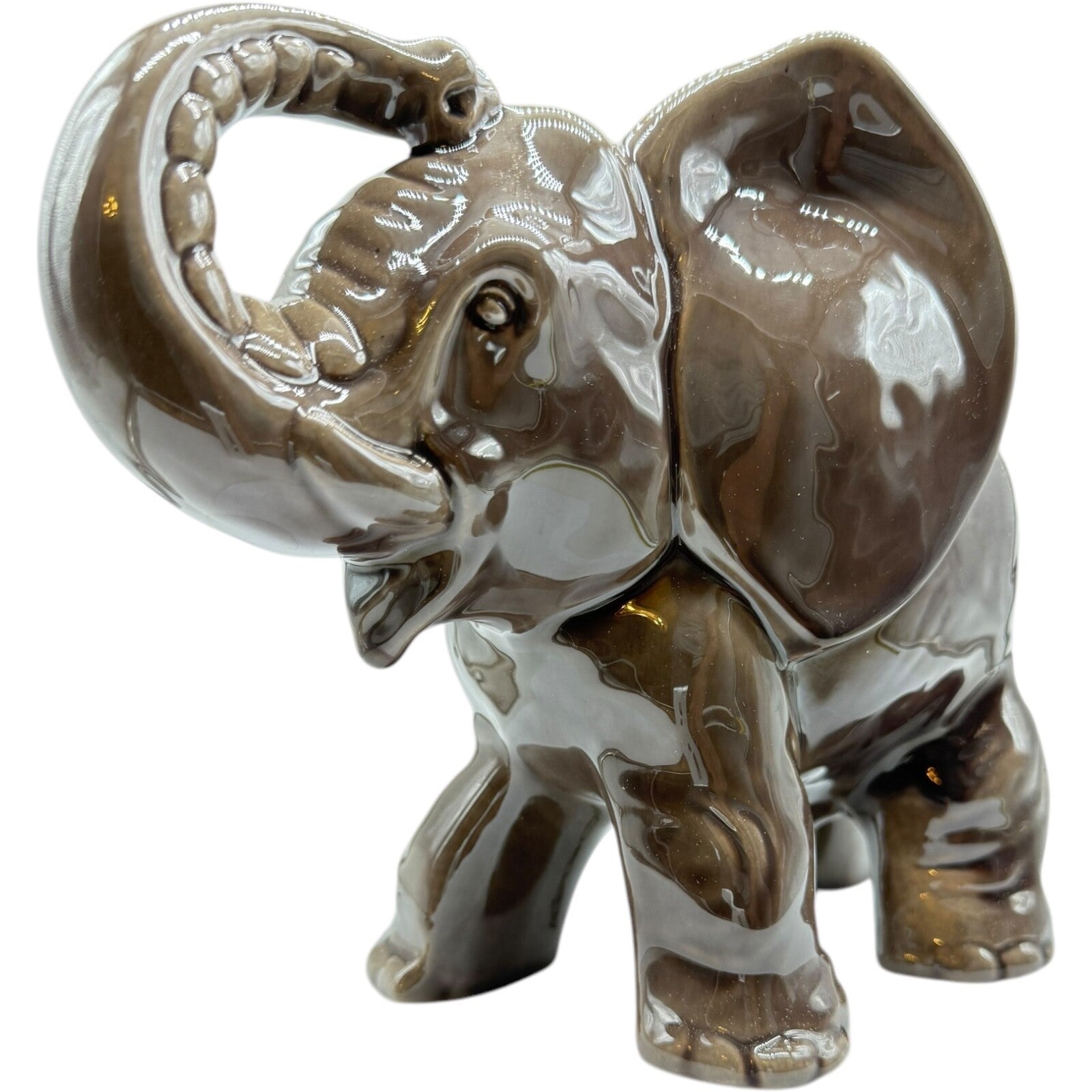 Vintage Porcelain Elephant Figurine 7" Japan | Trunk Up Good Luck | Gray/Brown