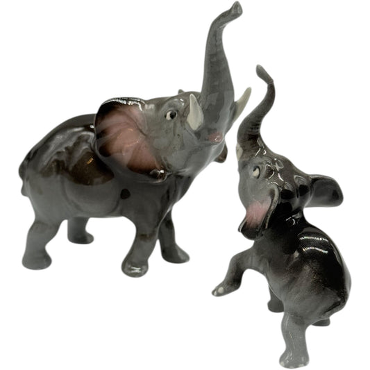 Vintage Hagen Renaker Ceramic Elephant Figurines - Hand-Painted Gray & Pink