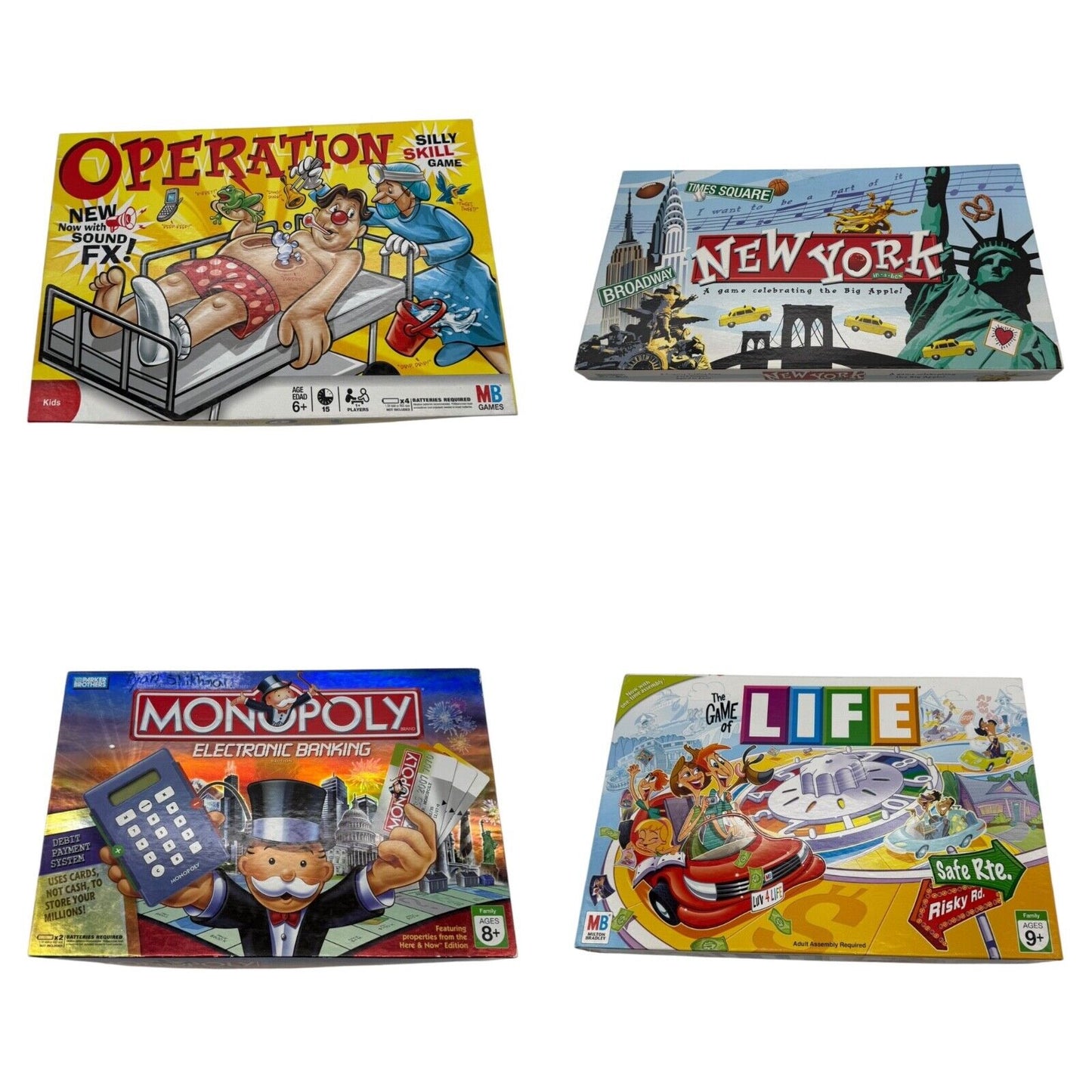 4 BOARD GAME LOT - Monopoly Landmark NYC, Operation, Life, Electronic Monopoly