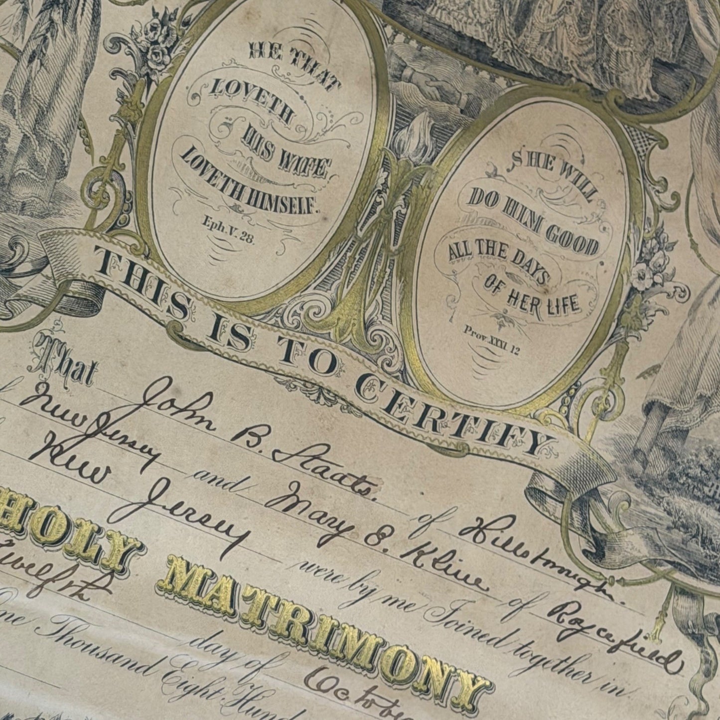 Antique 1881 Holy Matrimony Marriage Certificate John B Staats Mary E Kline NJ