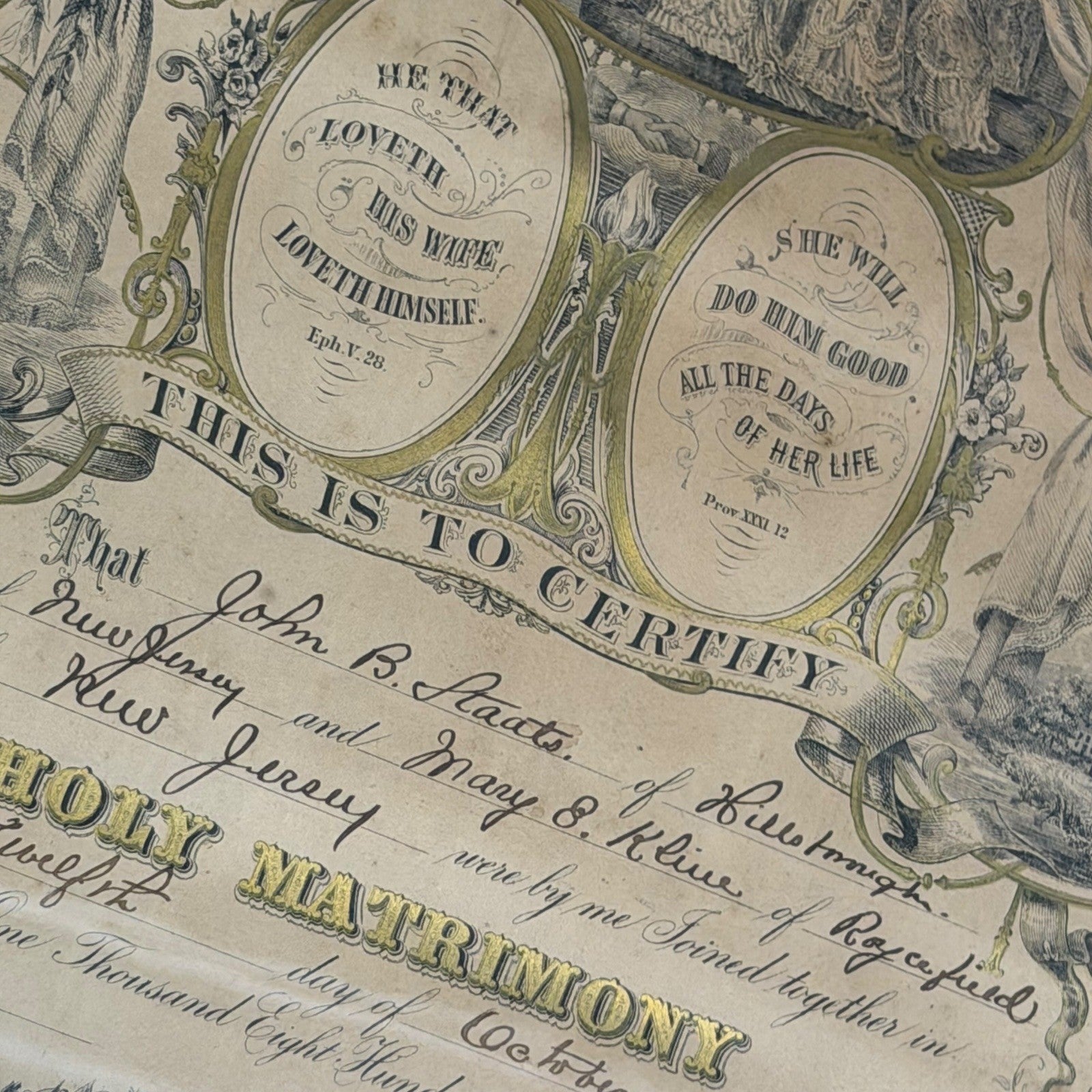 Antique 1881 Holy Matrimony Marriage Certificate John B Staats Mary E Kline NJ