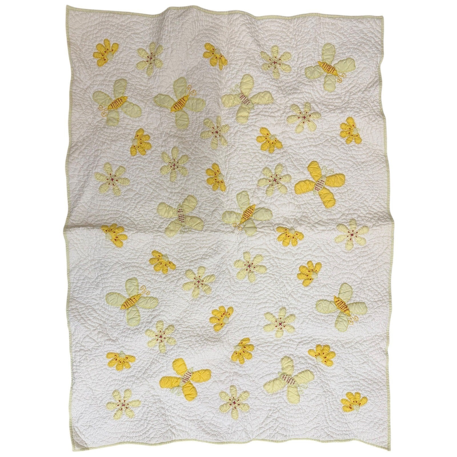 Pottery Barn Baby Quilt Blanket Yellow Butterflies Flowers White Yellow Trim
