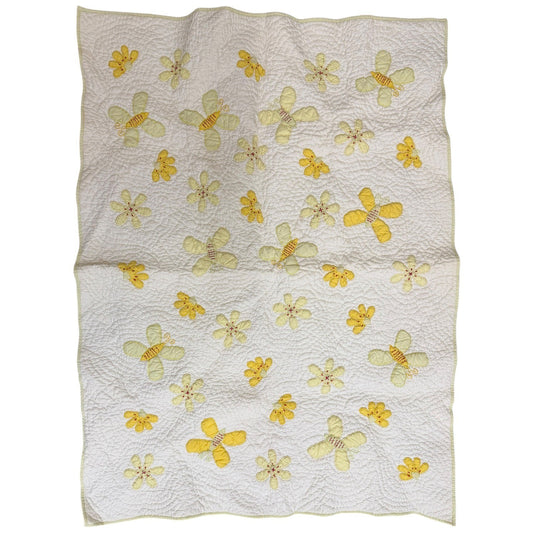 Pottery Barn Baby Quilt Blanket Yellow Butterflies Flowers White Yellow Trim
