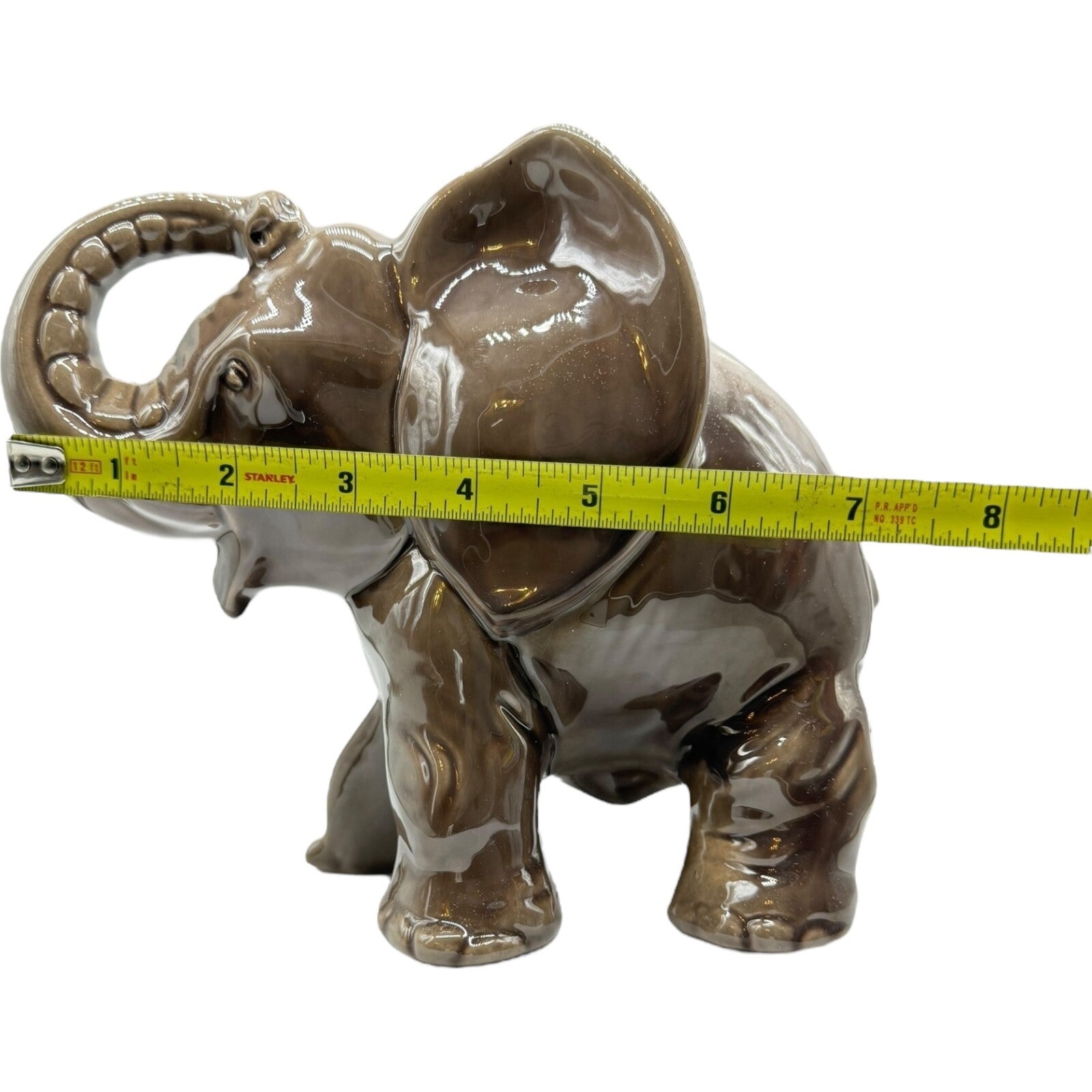 Vintage Porcelain Elephant Figurine 7" Japan | Trunk Up Good Luck | Gray/Brown
