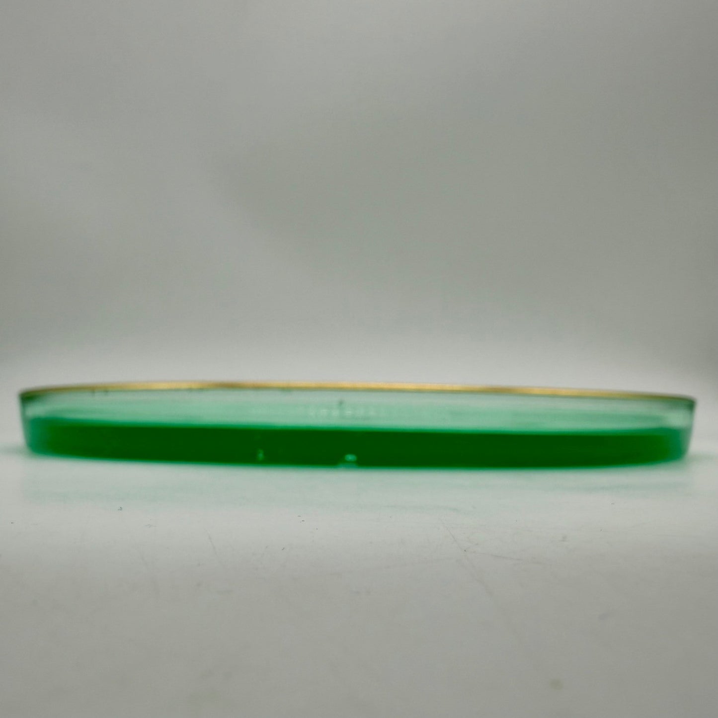 Vintage Green Uranium Glass Tray Starburst Pattern Gold Rim UV Reactive