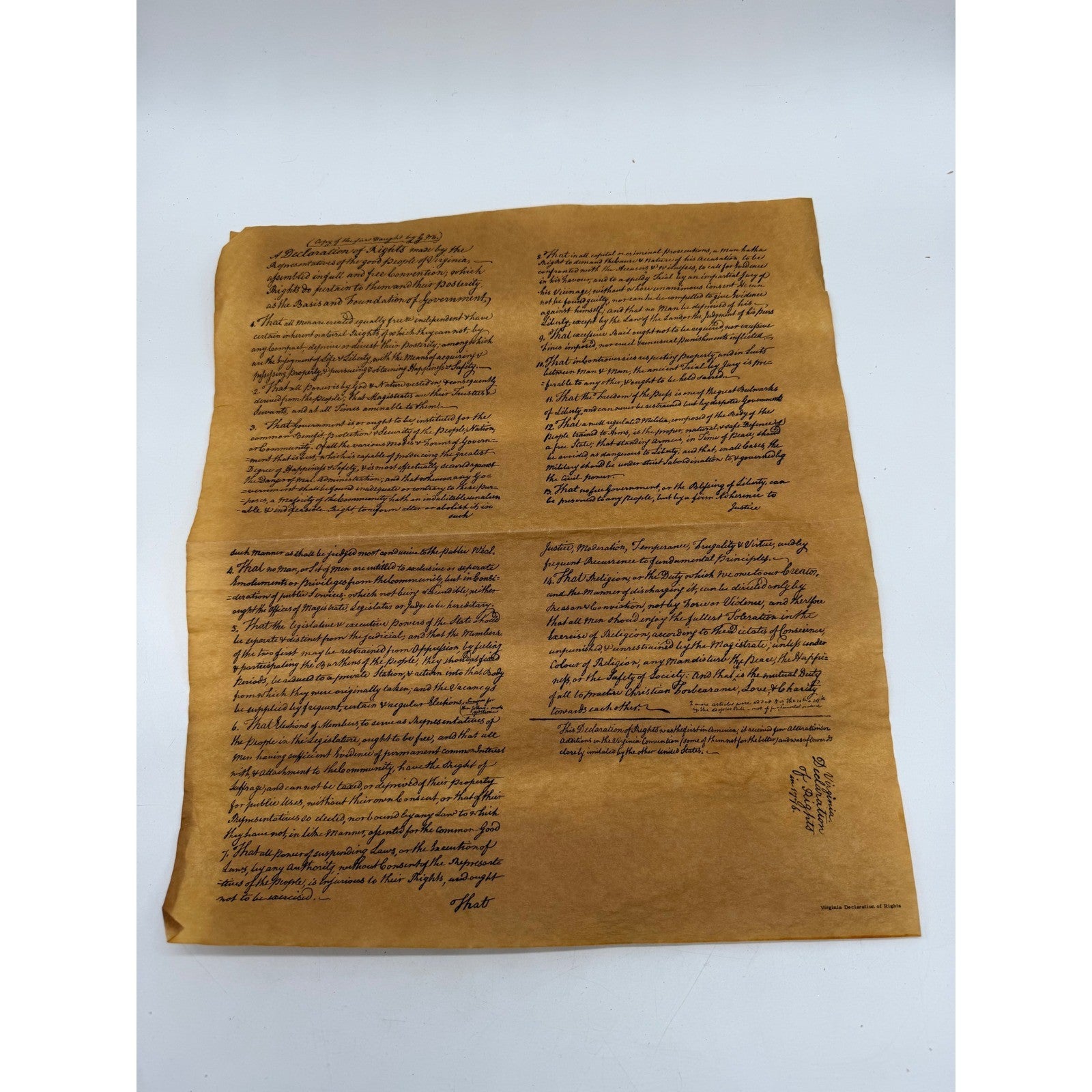 Bill of Rights Virginia Resolution & Declaration of Rights Parchment Replicas