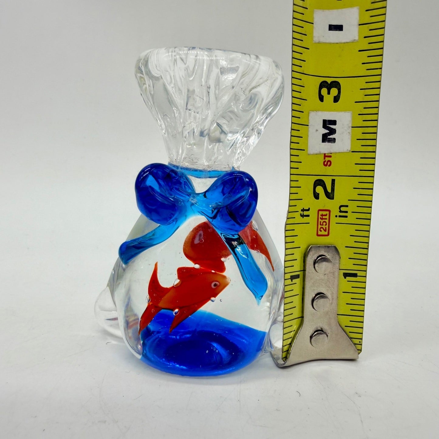 Art Glass Goldfish in a Bag Paperweight Blue Bow Murano Style Figurine