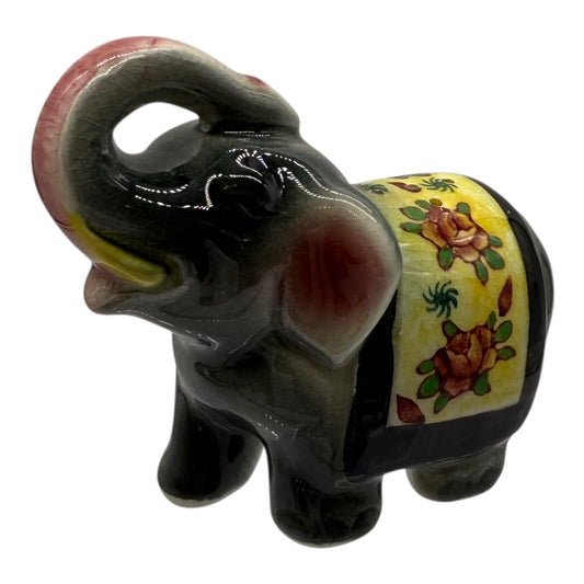 Vintage Ceramic Salt Shaker Elephant Figurine Floral Blanket Trunk Up Good Luck