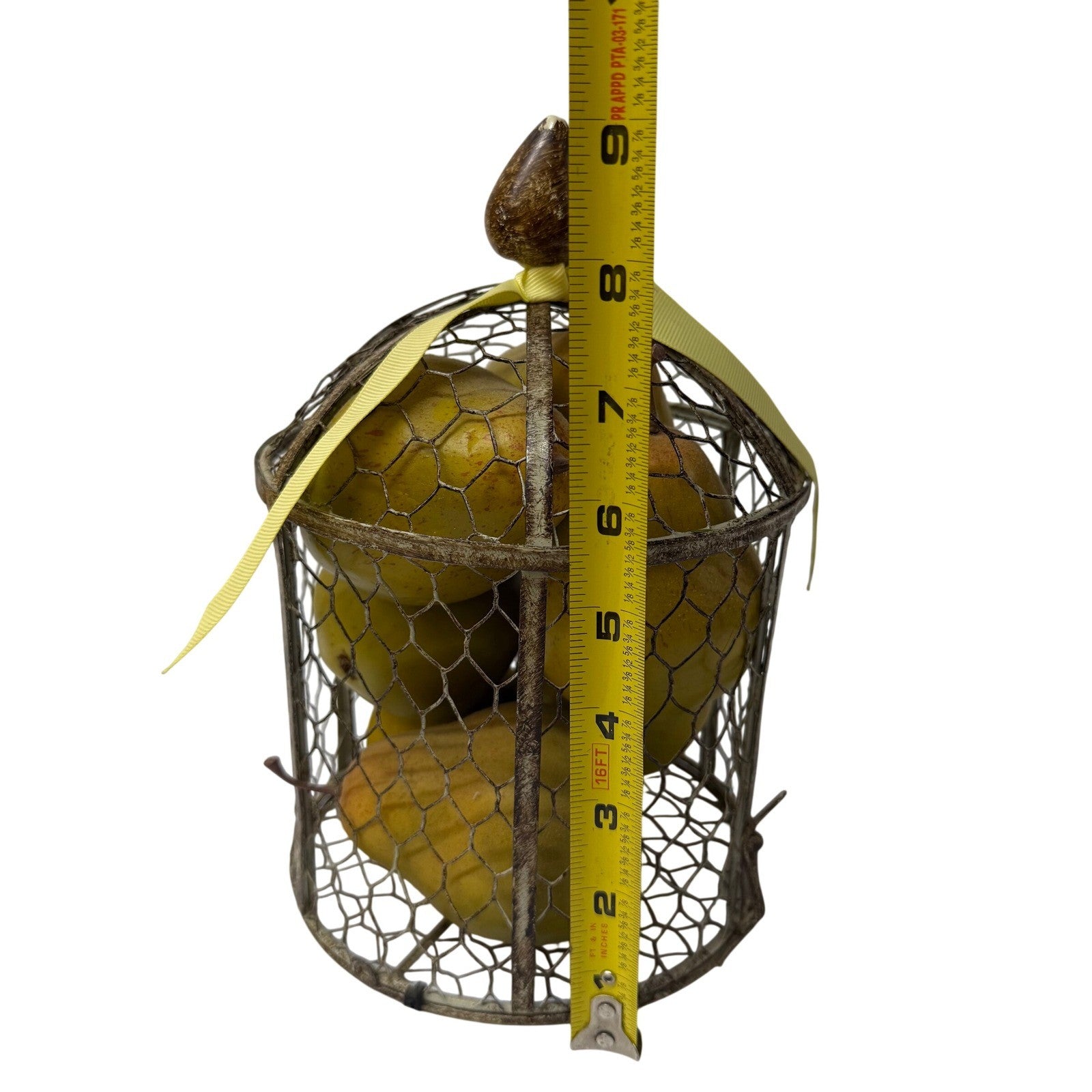 Rustic Wire Birdcage Basket with Faux Yellow Pears Farmhouse Decor Centerpiece