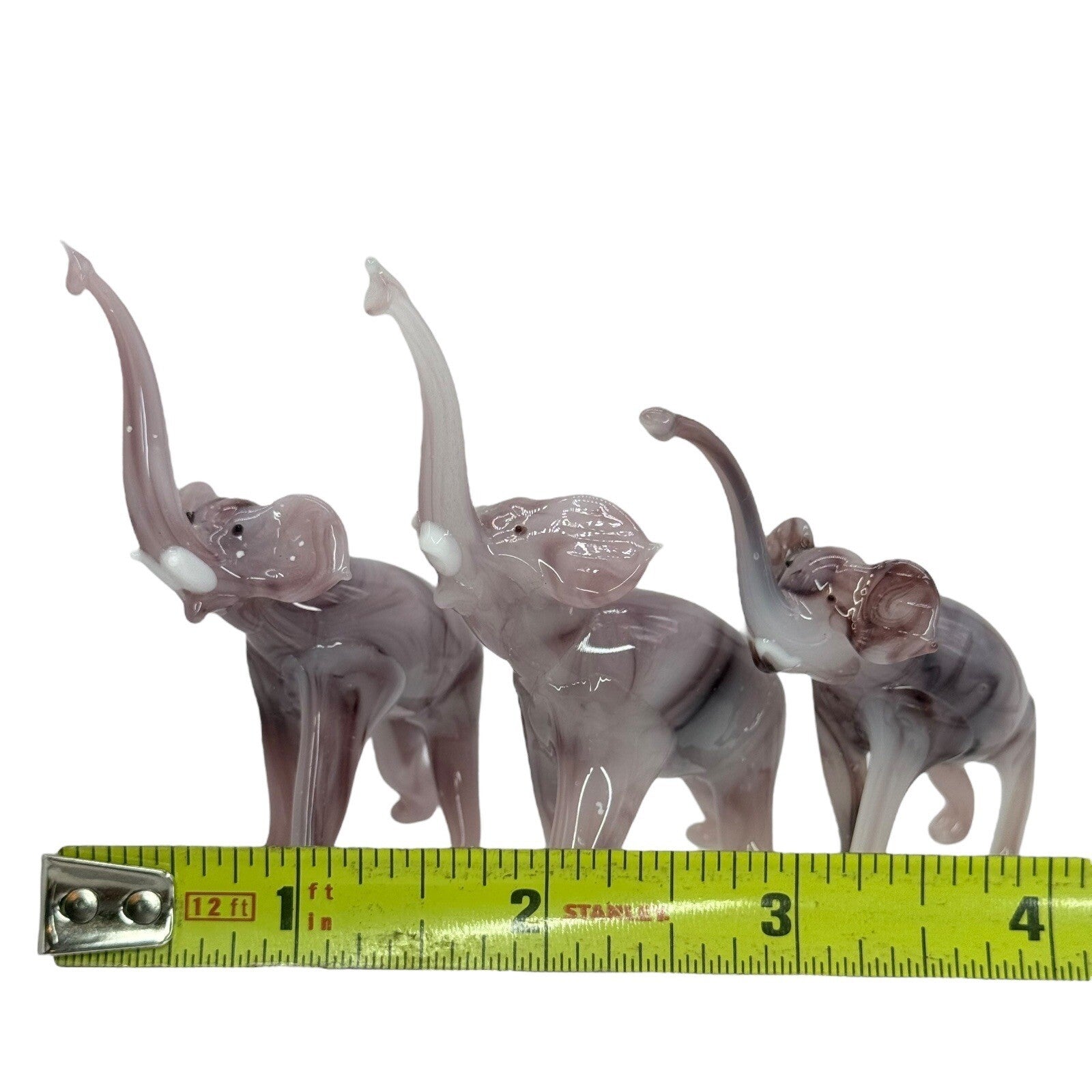 Murano Style Glass Elephant Figurines Set of 3 Trunk Up Good Luck Decor