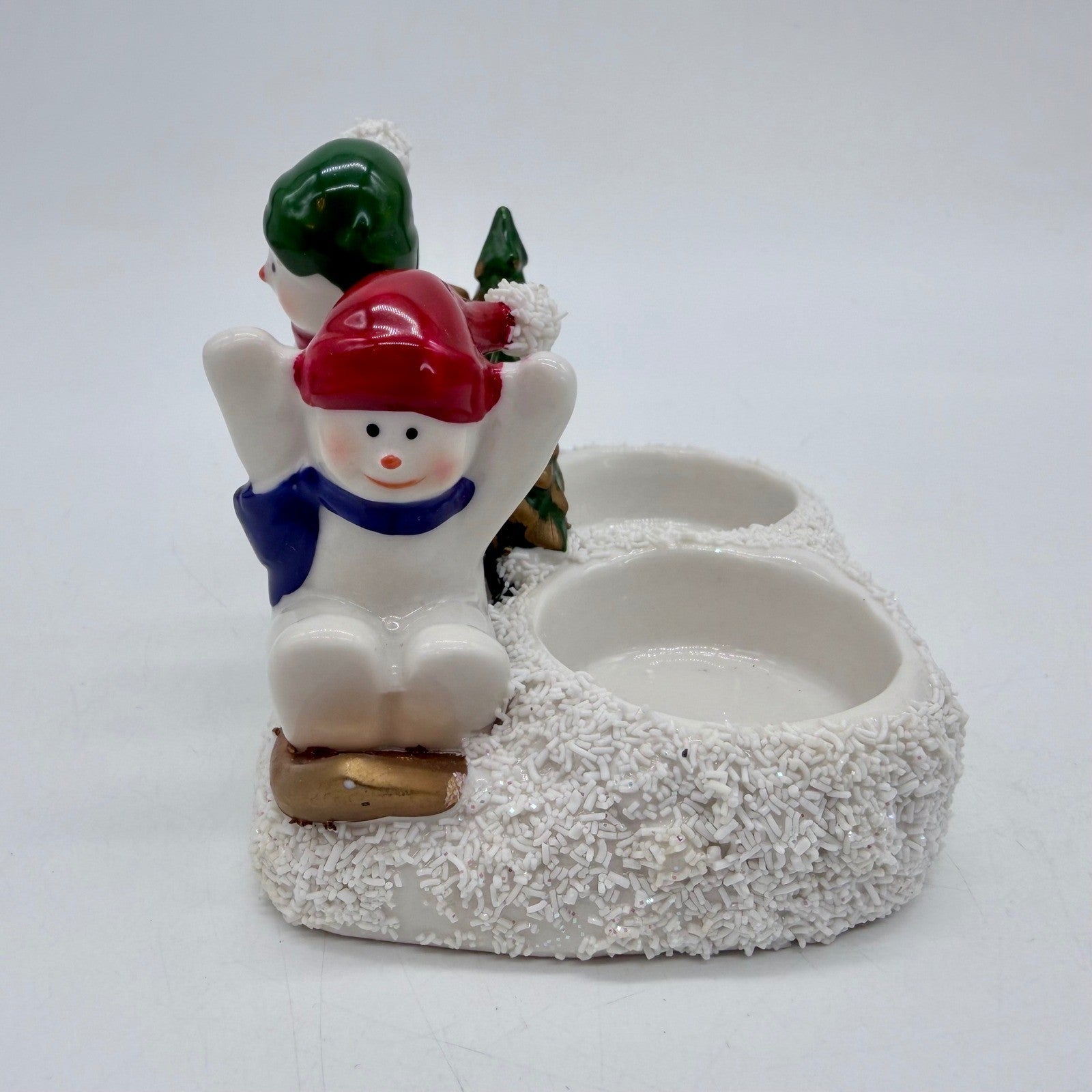 Vintage Ceramic Snowman Skiing Sledding Double Votive Candle Holder