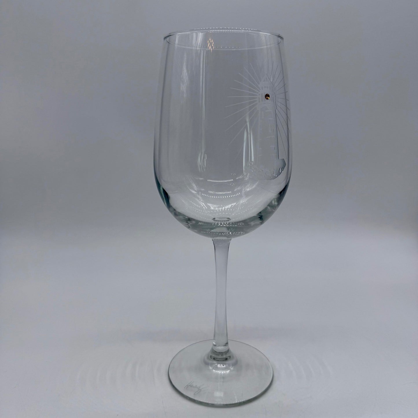 Etched Lighthouse Wine Glass with Rhinestone Detail Coastal Nautical Stemware