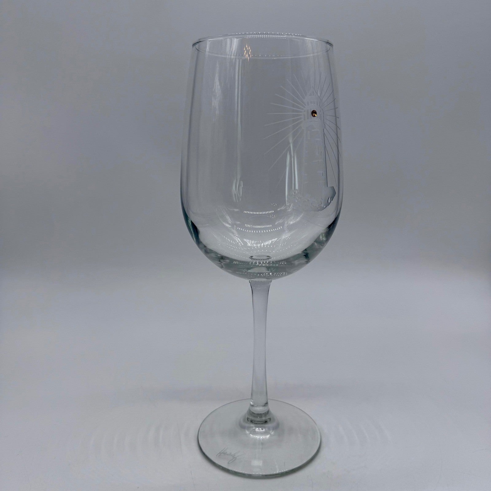 Etched Lighthouse Wine Glass with Rhinestone Detail Coastal Nautical Stemware