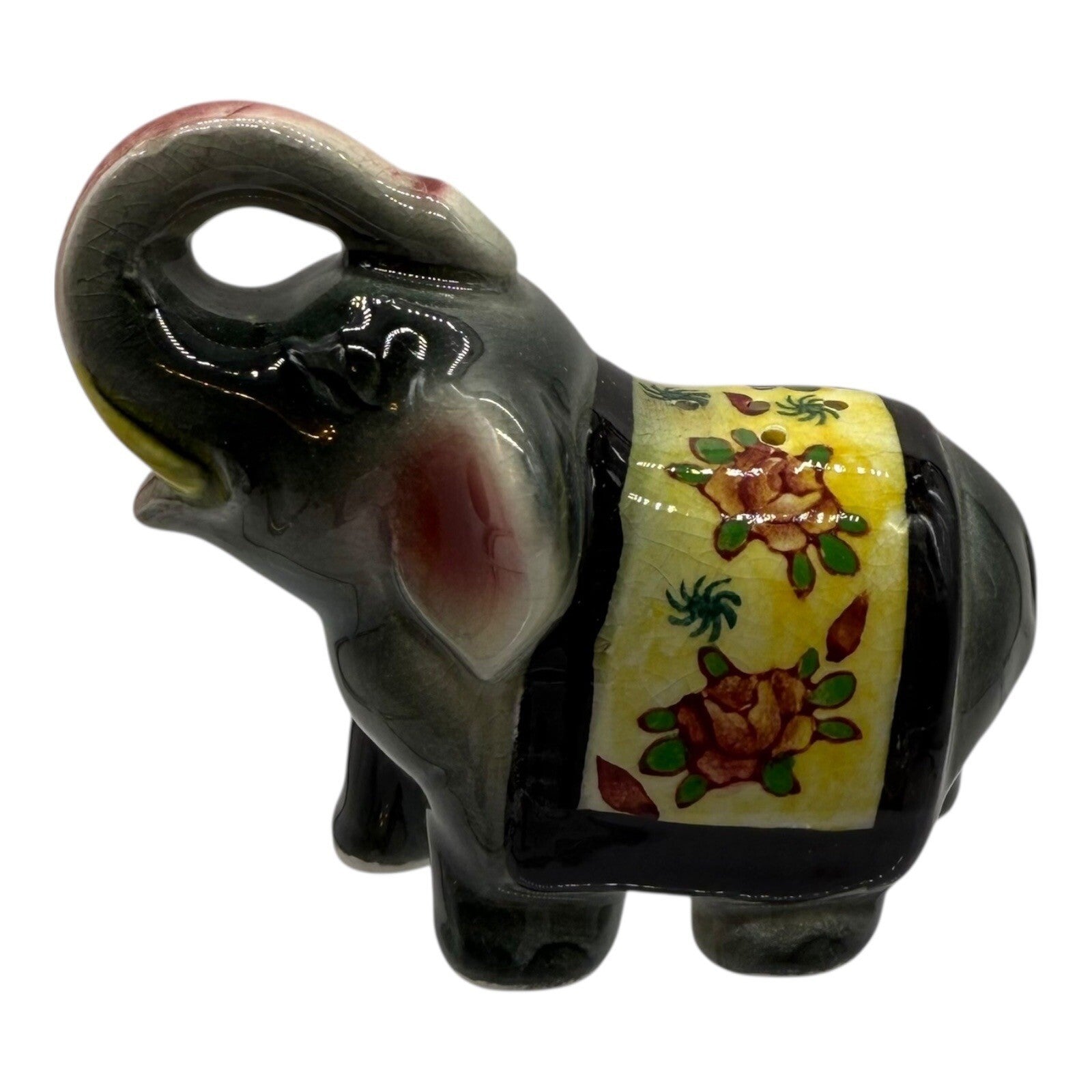 Vintage Ceramic Salt Shaker Elephant Figurine Floral Blanket Trunk Up Good Luck