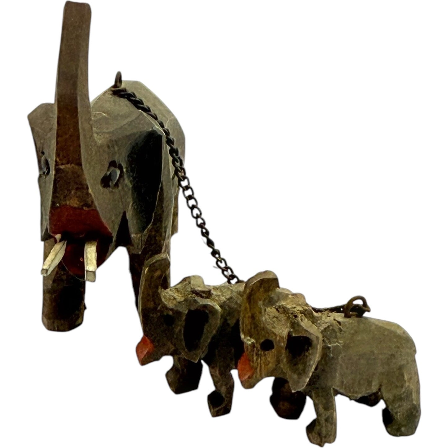 Vintage 1950s German Hand-Carved Wooden Elephant Toy Set with 2 Baby Elephants