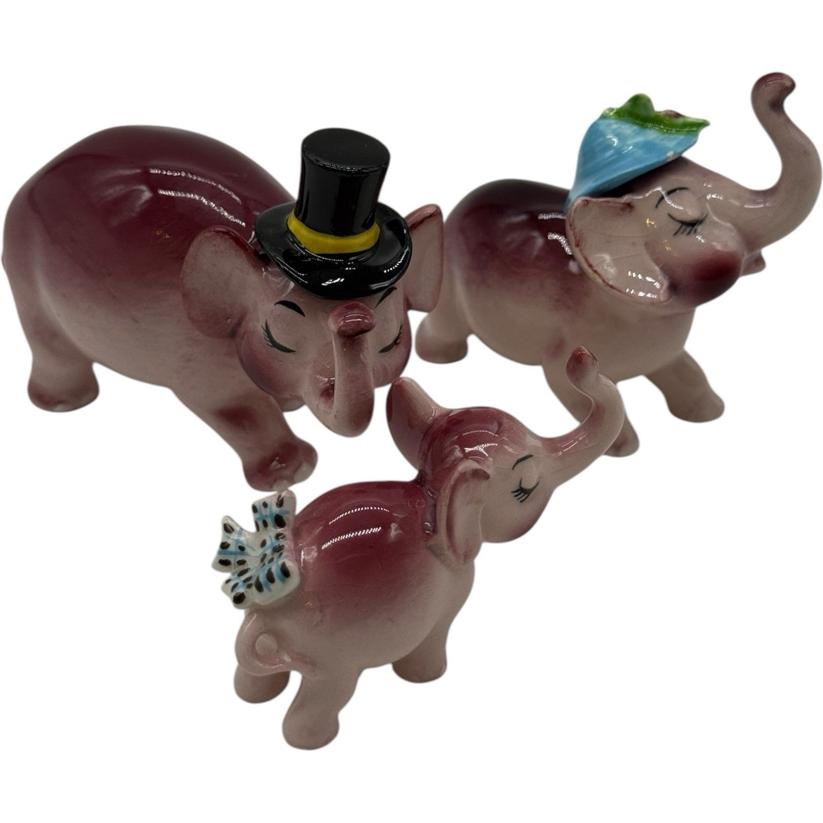 Rare Vintage Ceramic Anthropomorphic Elephant Family Figurines Complete 3 Pc Set