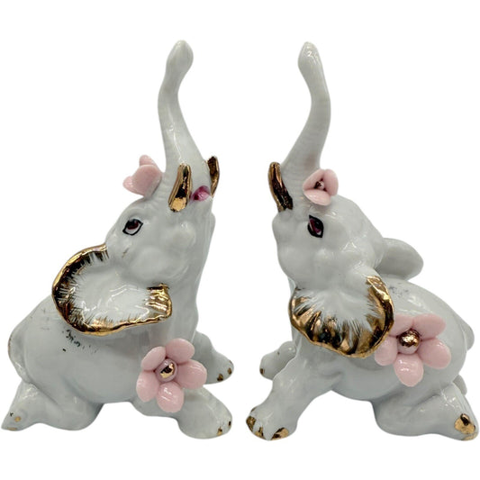 Elephant Figurines White Porcelain Gold Trim Pink Flowers Home Decor Set
