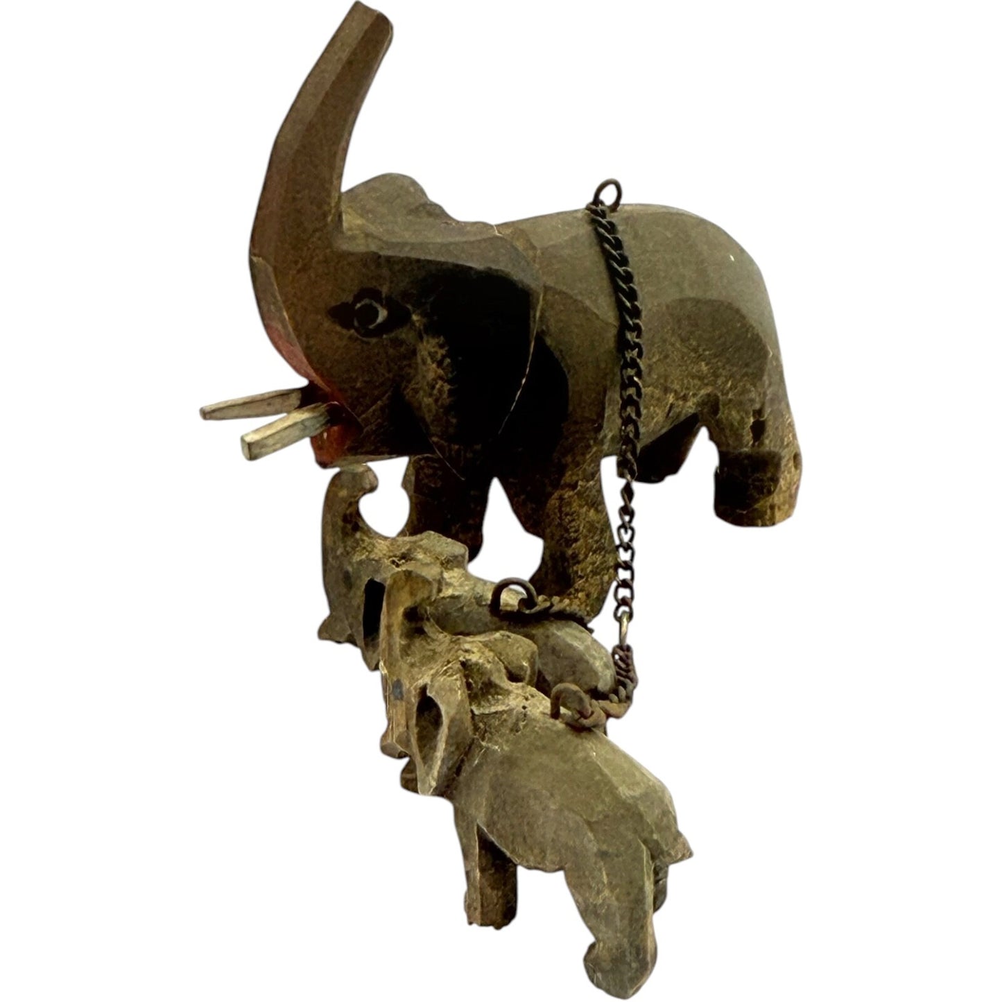 Vintage 1950s German Hand-Carved Wooden Elephant Toy Set with 2 Baby Elephants