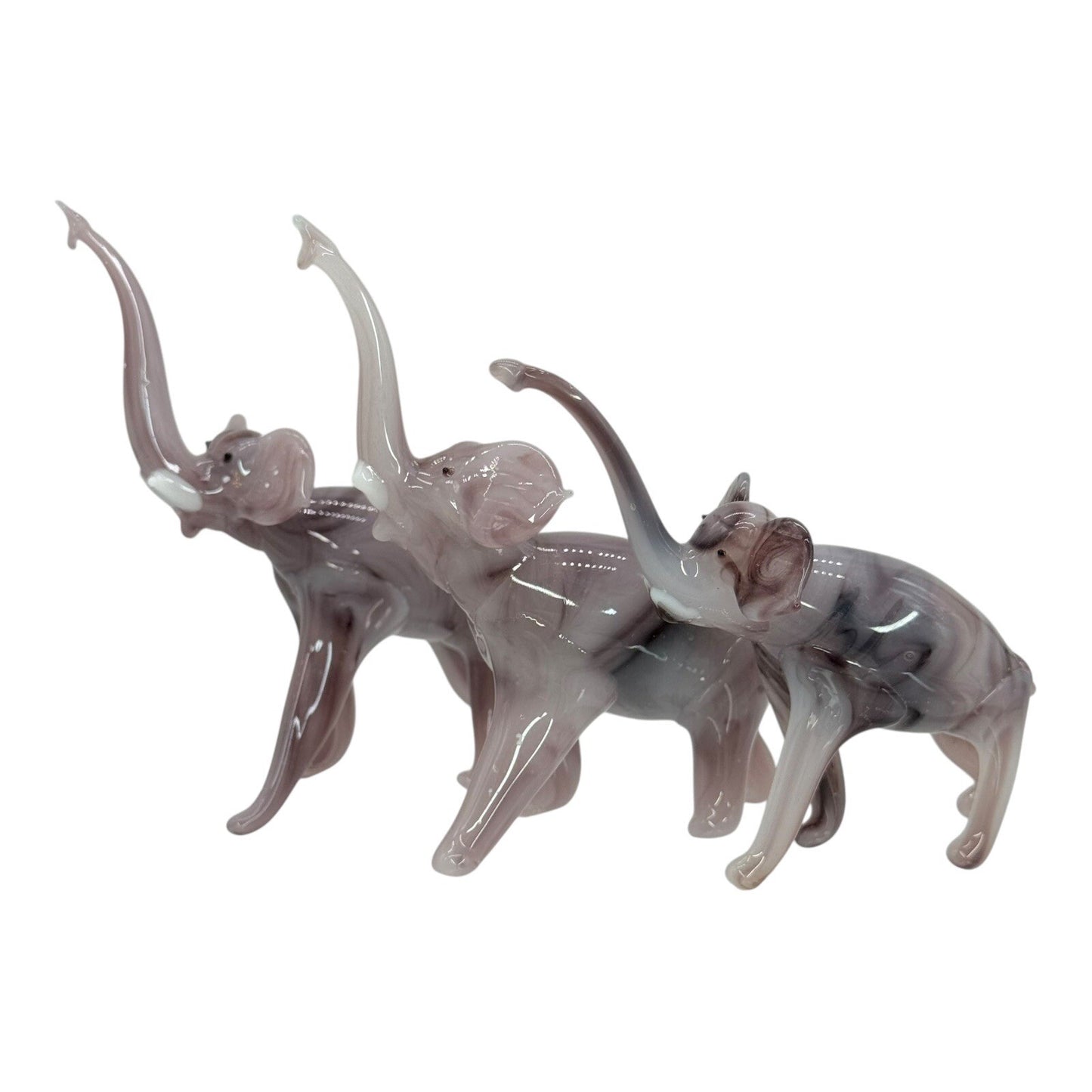 Murano Style Glass Elephant Figurines Set of 3 Trunk Up Good Luck Decor