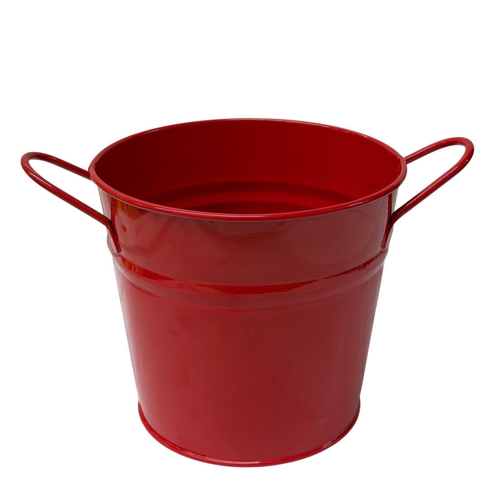 Red Metal Bucket with Vintage Pickup Truck Graphic and Handles