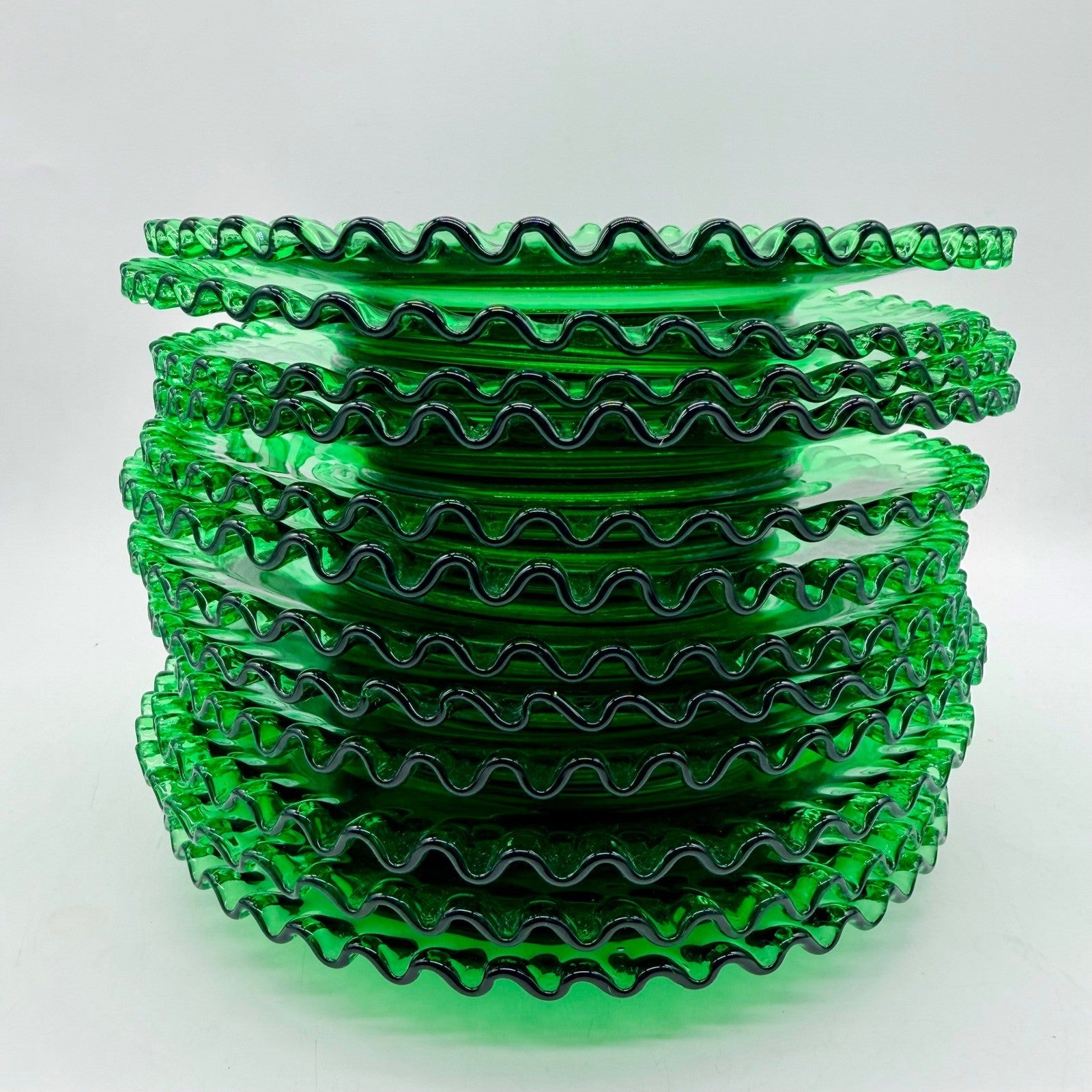 Vintage Emerald Green Glass Plates Set of 12 Ruffled Pie Crust Rim Dessert Salad