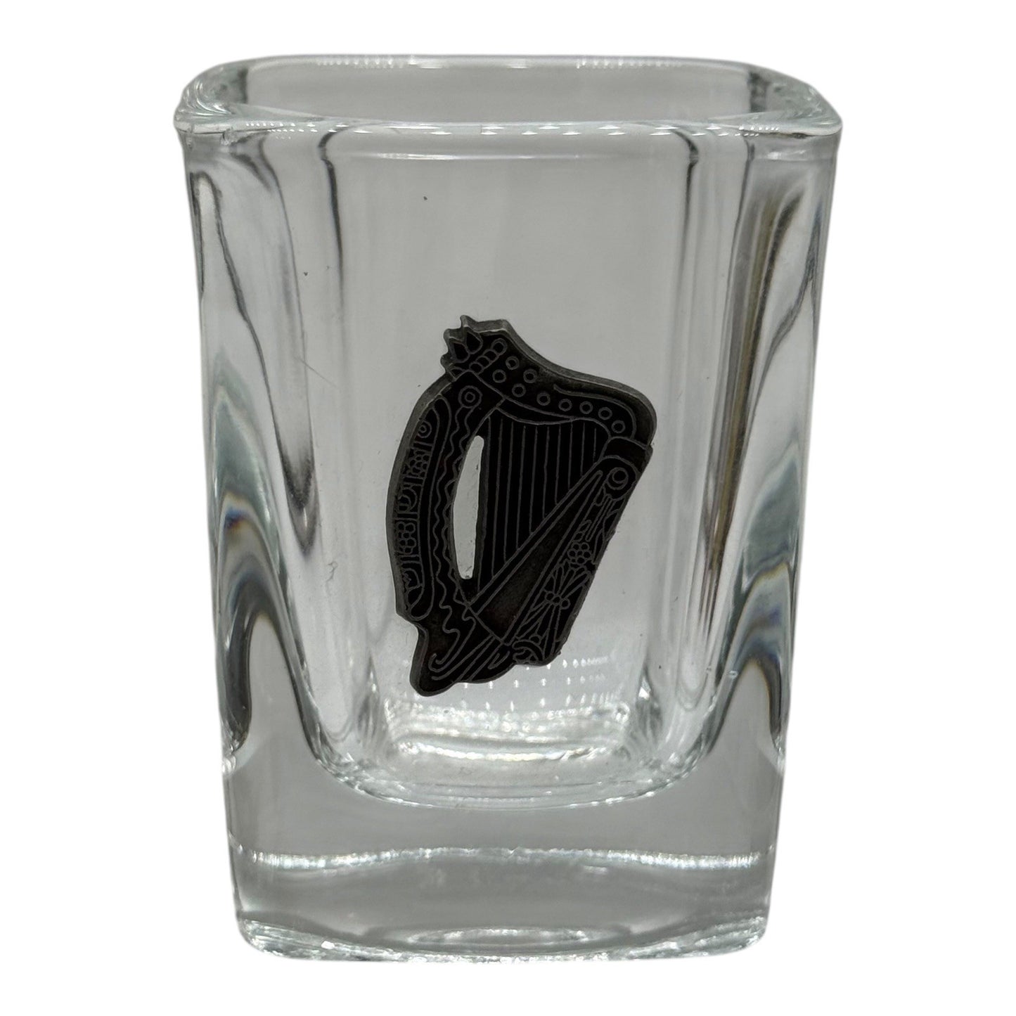 Irish Shot Glass Souvenir Shamrock Harp Pewter Emblem Barware Collectible