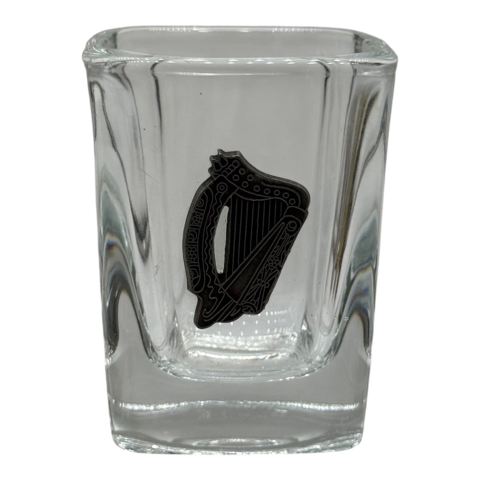 Irish Shot Glass Souvenir Shamrock Harp Pewter Emblem Barware Collectible