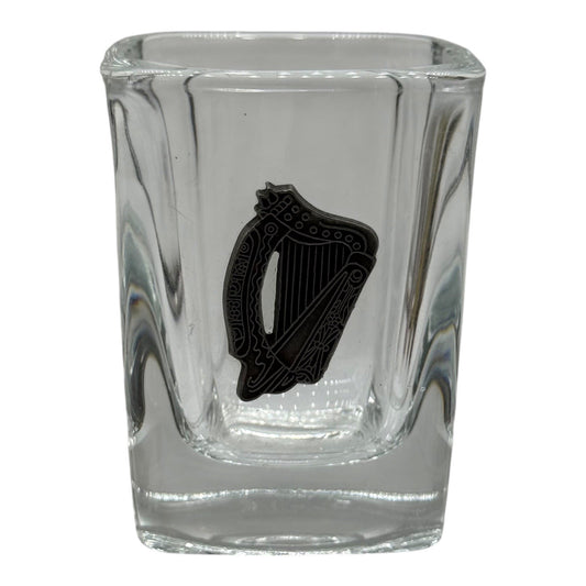 Irish Shot Glass Souvenir Shamrock Harp Pewter Emblem Barware Collectible