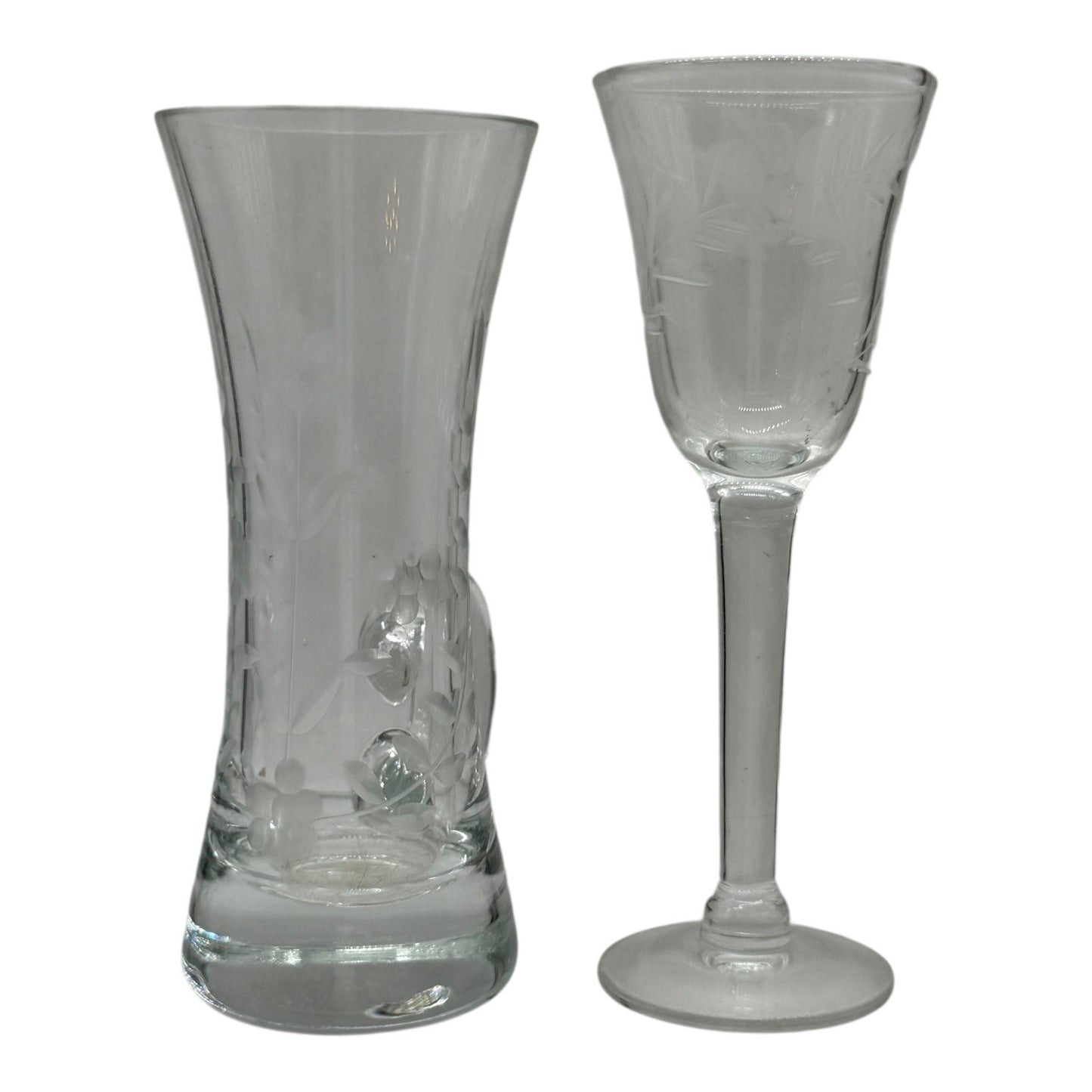 Etched Glass Vase & Wine Glass Set Floral Design Bud Vase Stemware